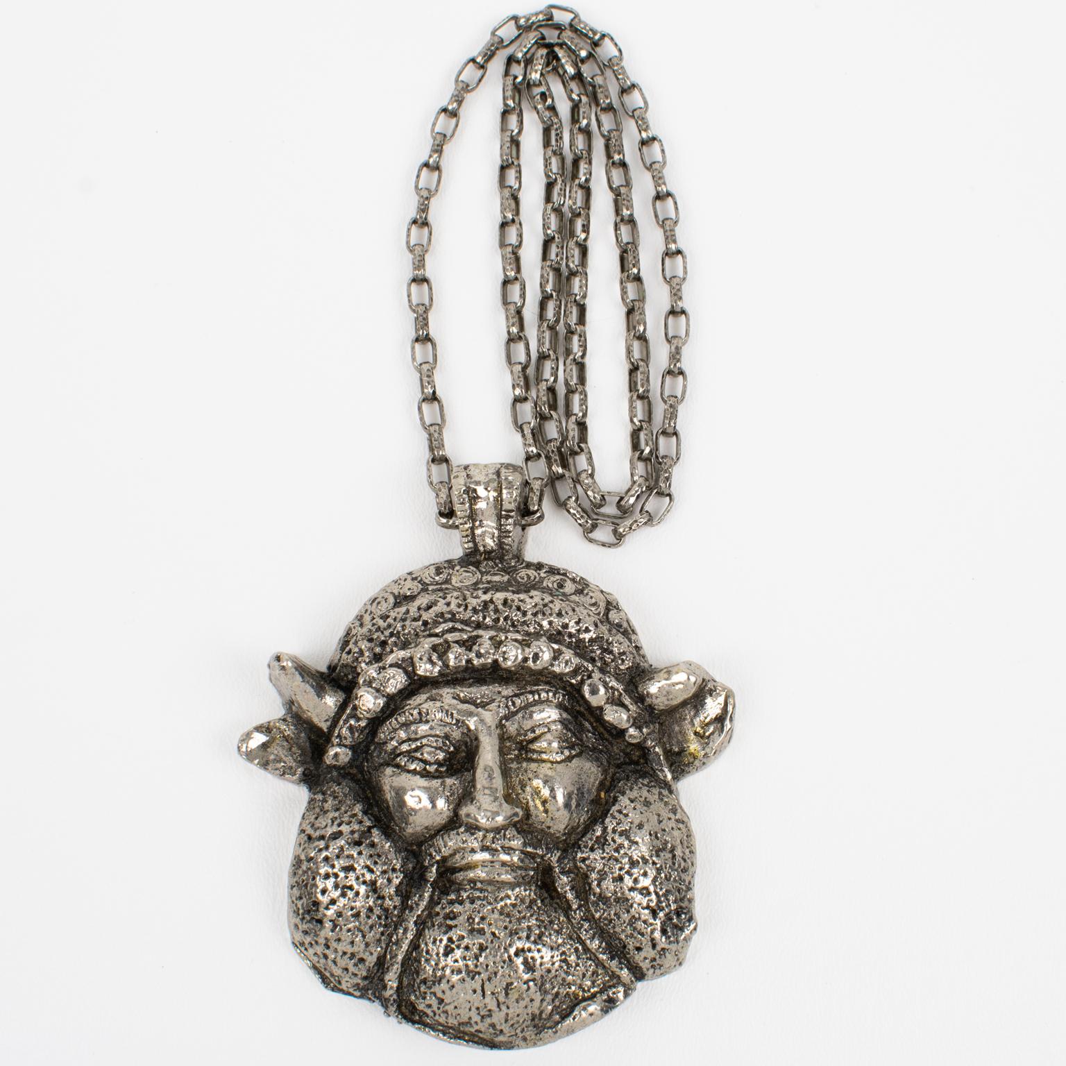 Guy Laroche Paris Massive Silvered Resin Viking God Medallion Necklace For Sale 1