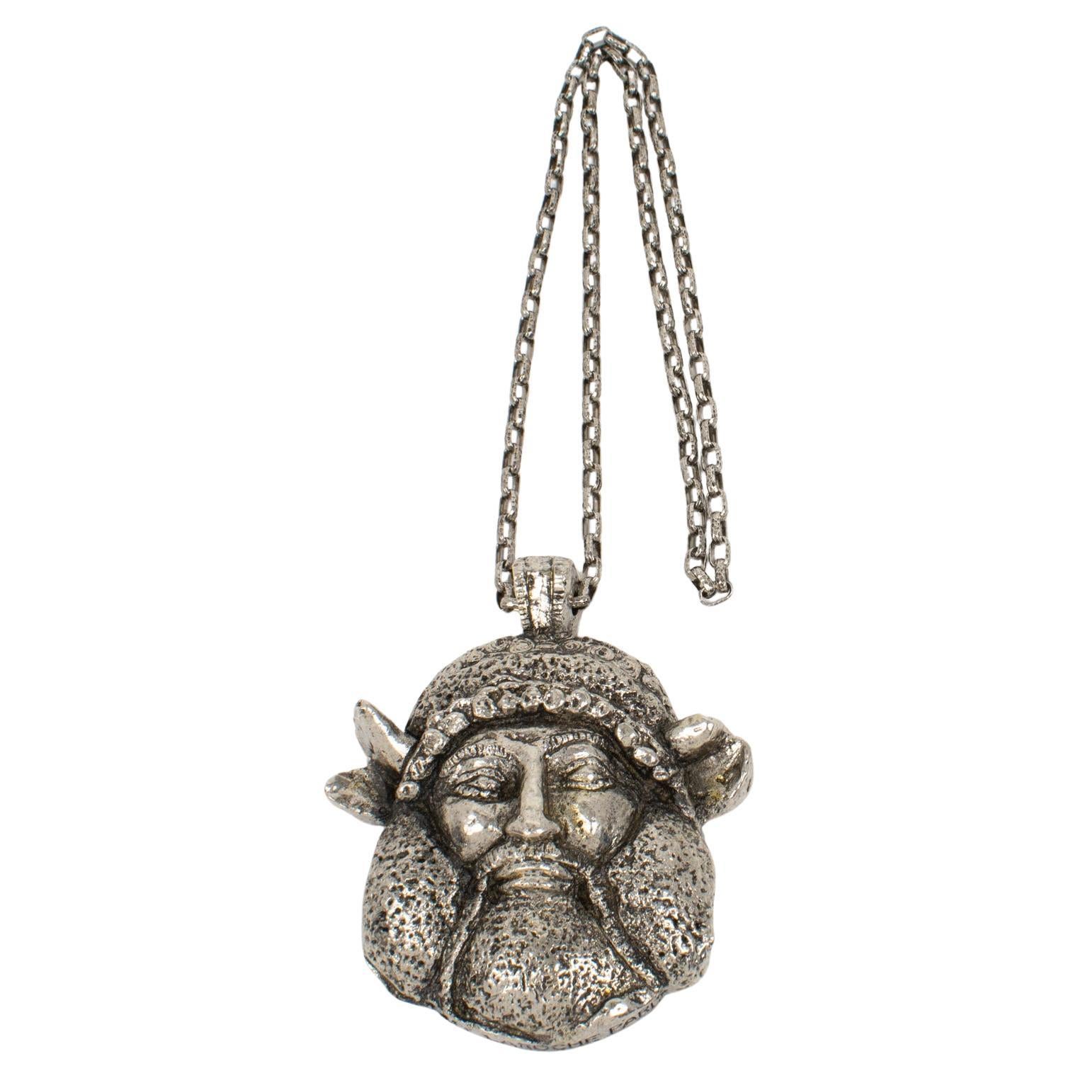 Guy Laroche Paris Massive Silvered Resin Viking God Medallion Necklace For Sale