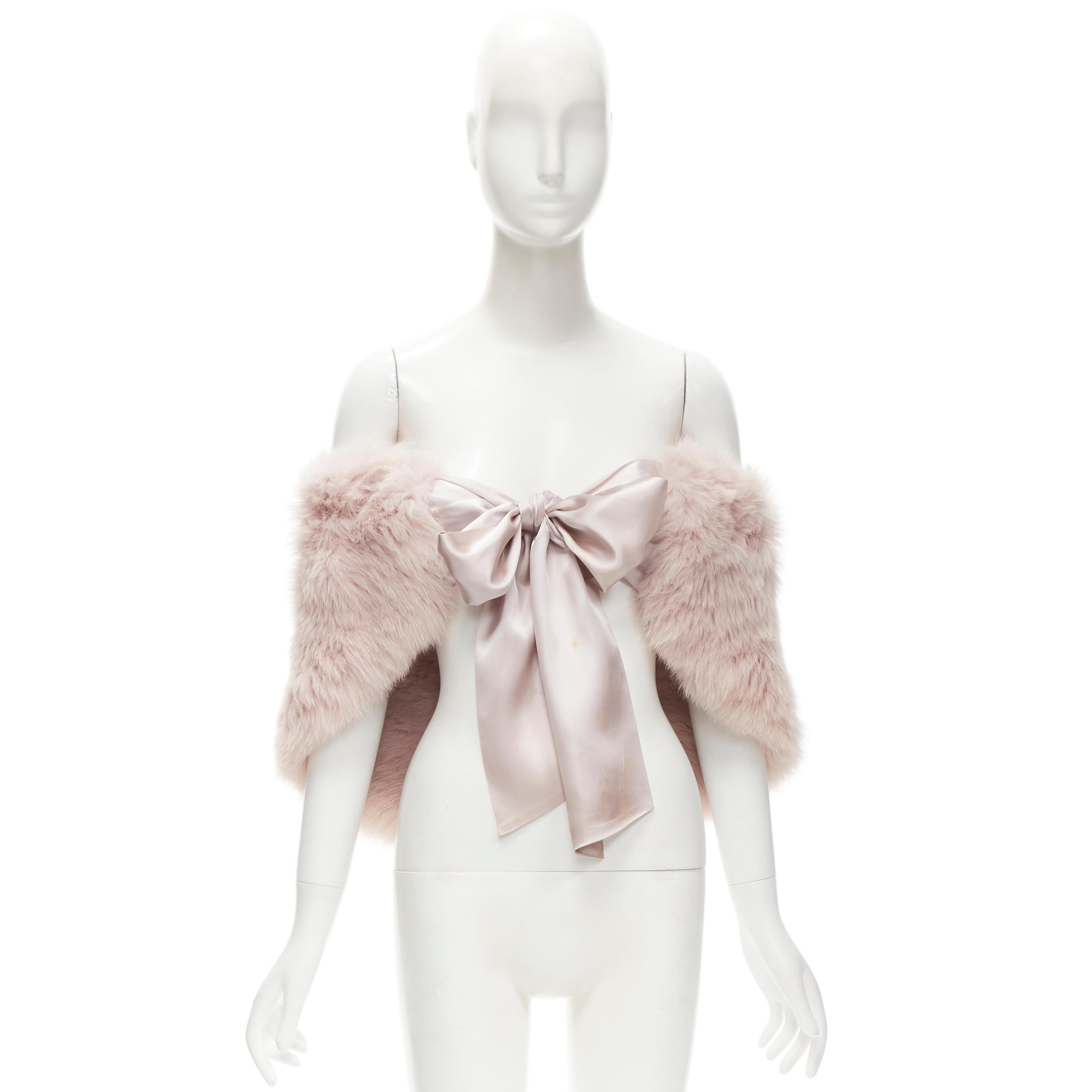 GUY LAROCHE Paris pink fur silk ribbon tie shawl scarf 4