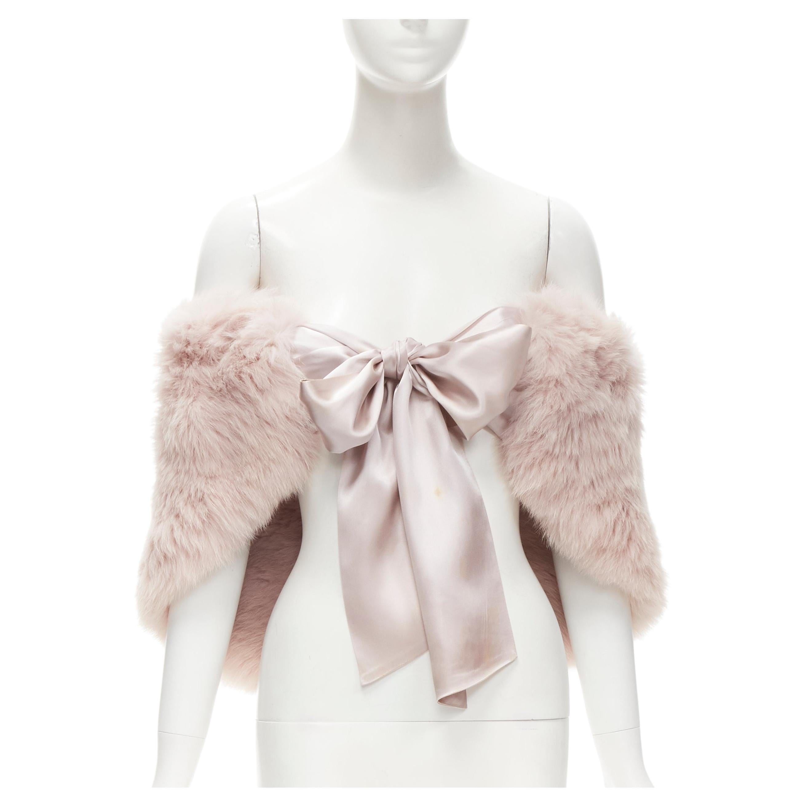 GUY LAROCHE Paris pink fur silk ribbon tie shawl scarf