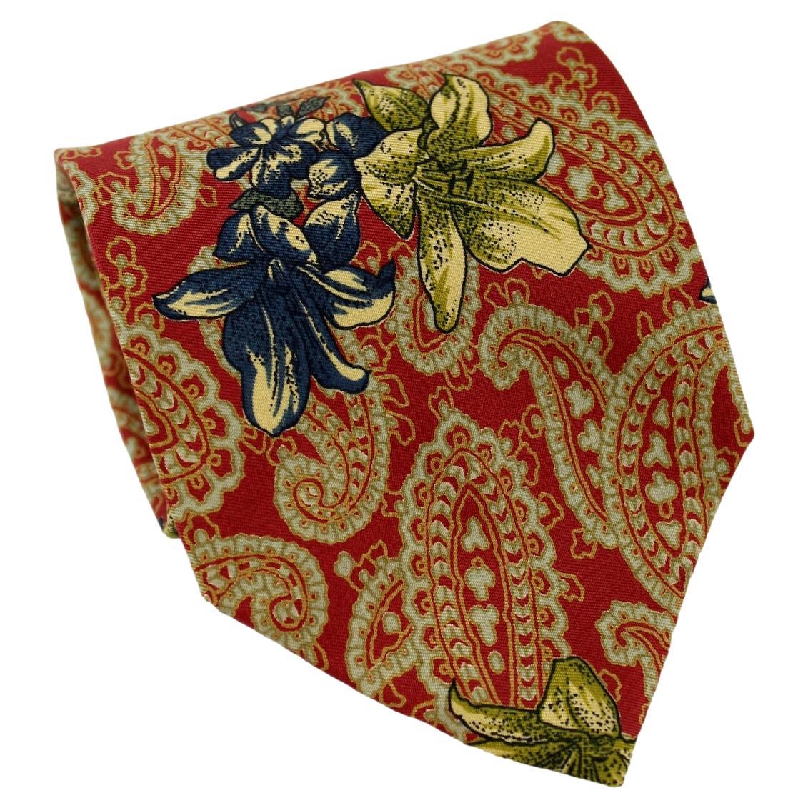 Guy Laroche Red Beige Silk Vintage Floral Tie For Sale