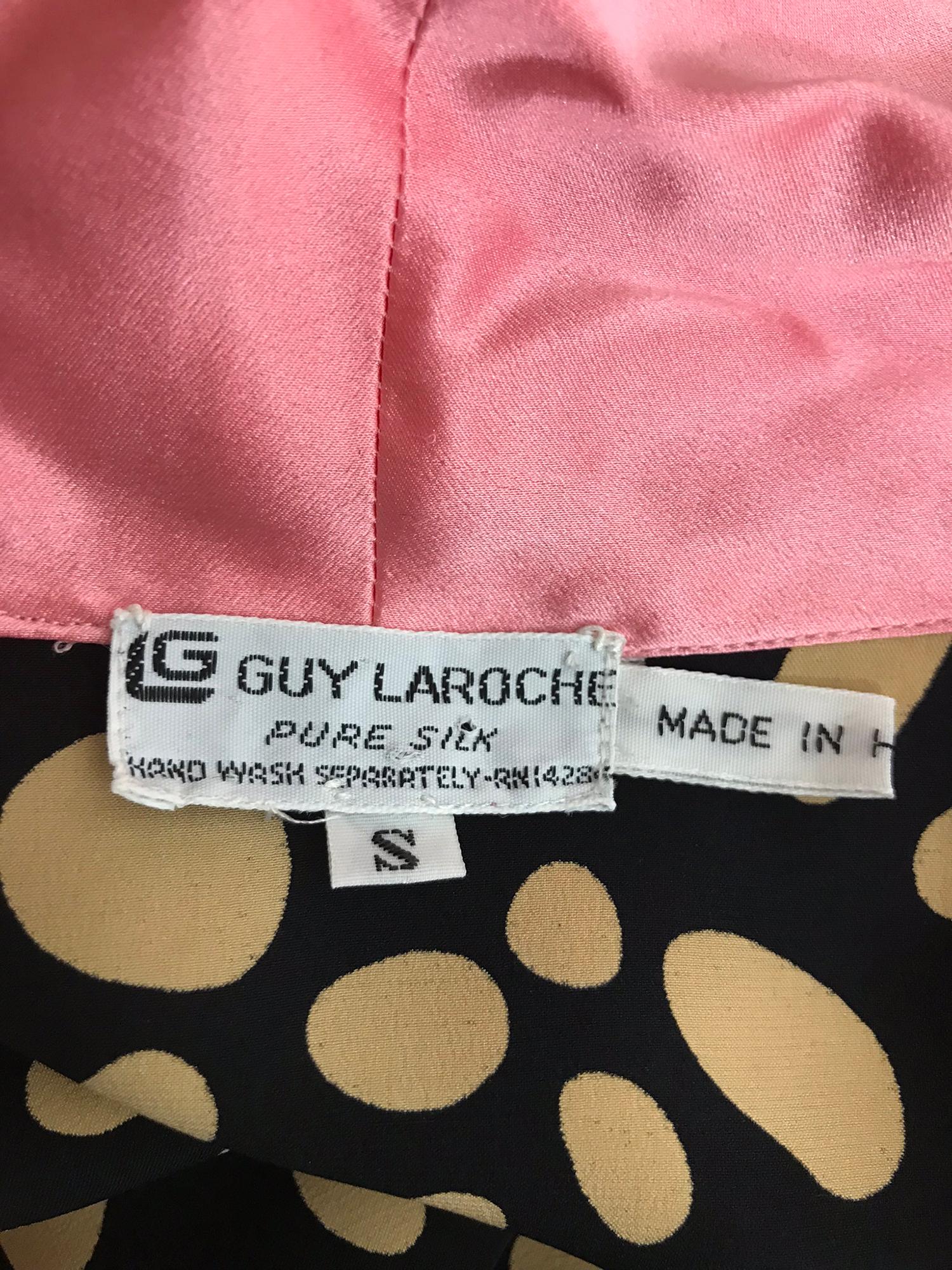 Guy Laroche Silk Evening Pajama set in Cream and Black Dots Pink Trim 1990s For Sale 9