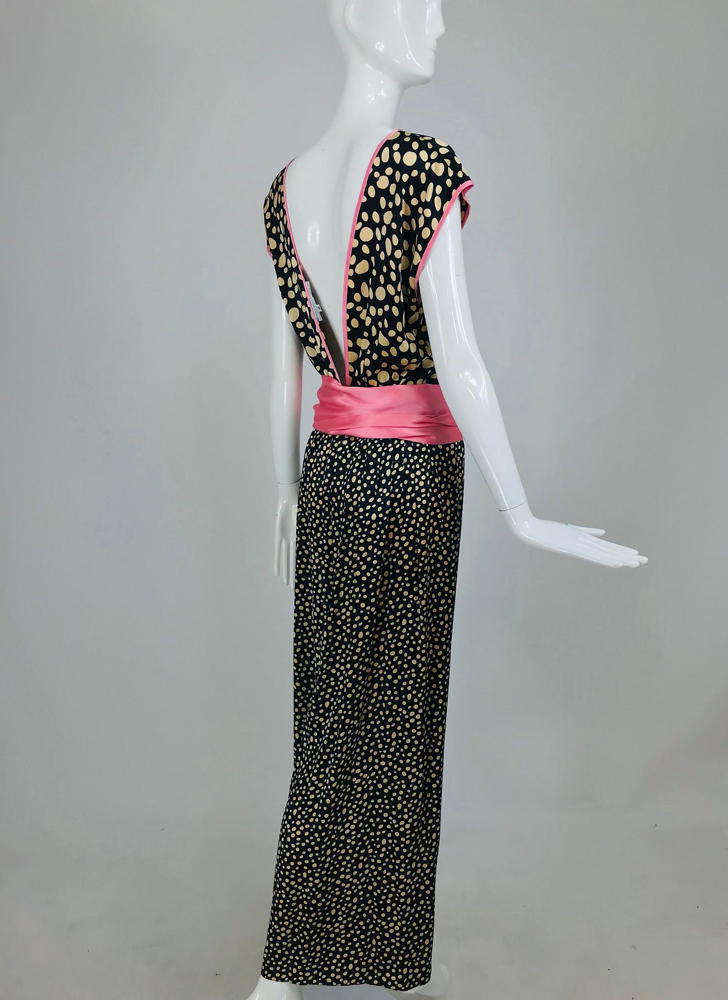 Guy Laroche Silk Evening Pajama set in Cream and Black Dots Pink Trim 1990s For Sale 1