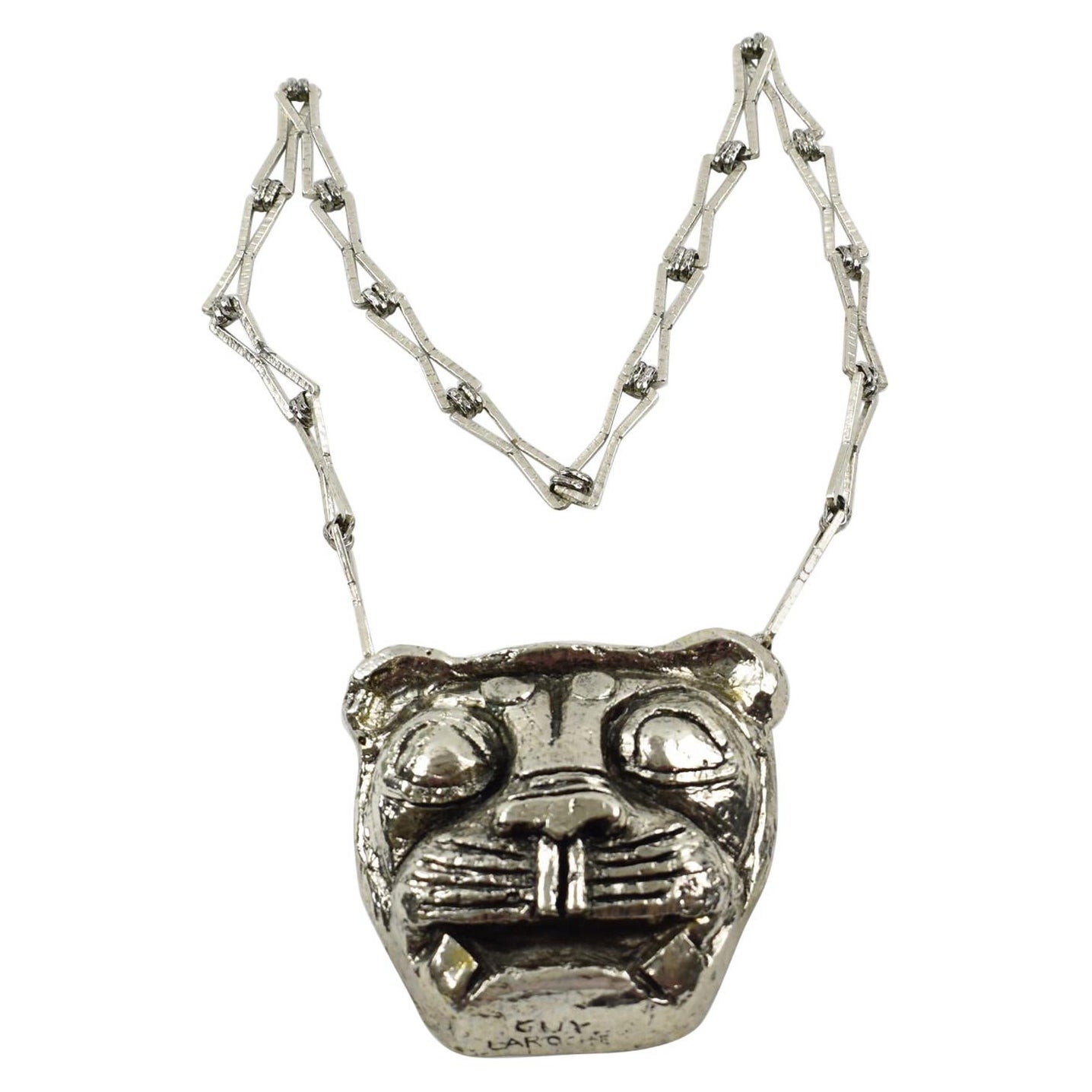Guy Laroche Silvered Resin Lion Head Medallion Chain Necklace For Sale