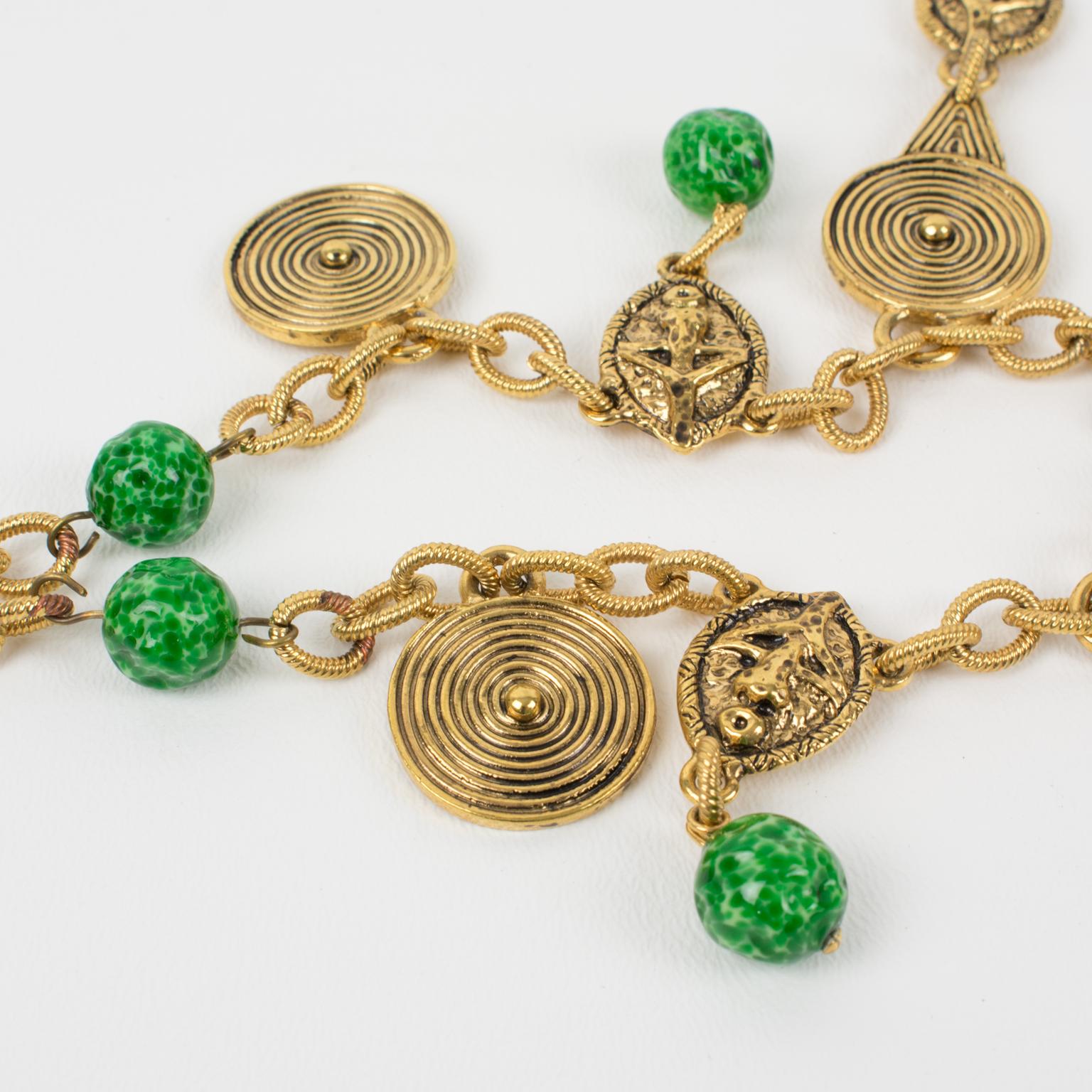 Guy Laroche Tribal-Inspired Gilt Metal Choker Necklace with Green Ceramic Beads In Excellent Condition For Sale In Atlanta, GA