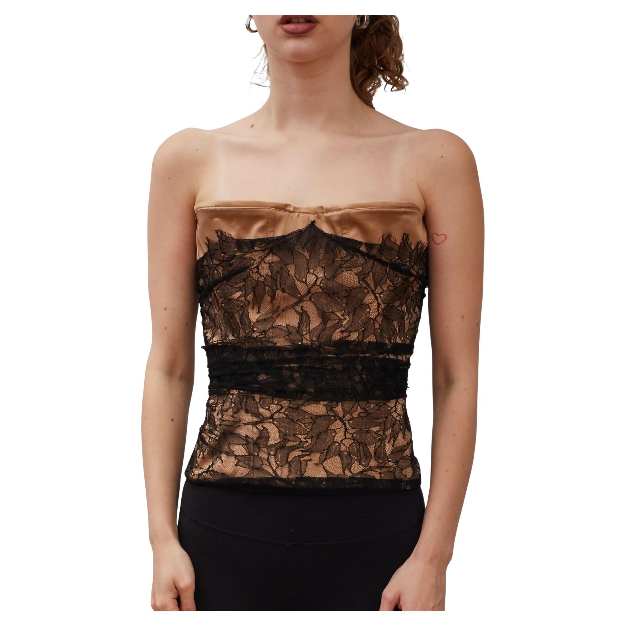 Guy Laroche Tulle Lace Black Overlay Nude Corset Top (FR42  Large)