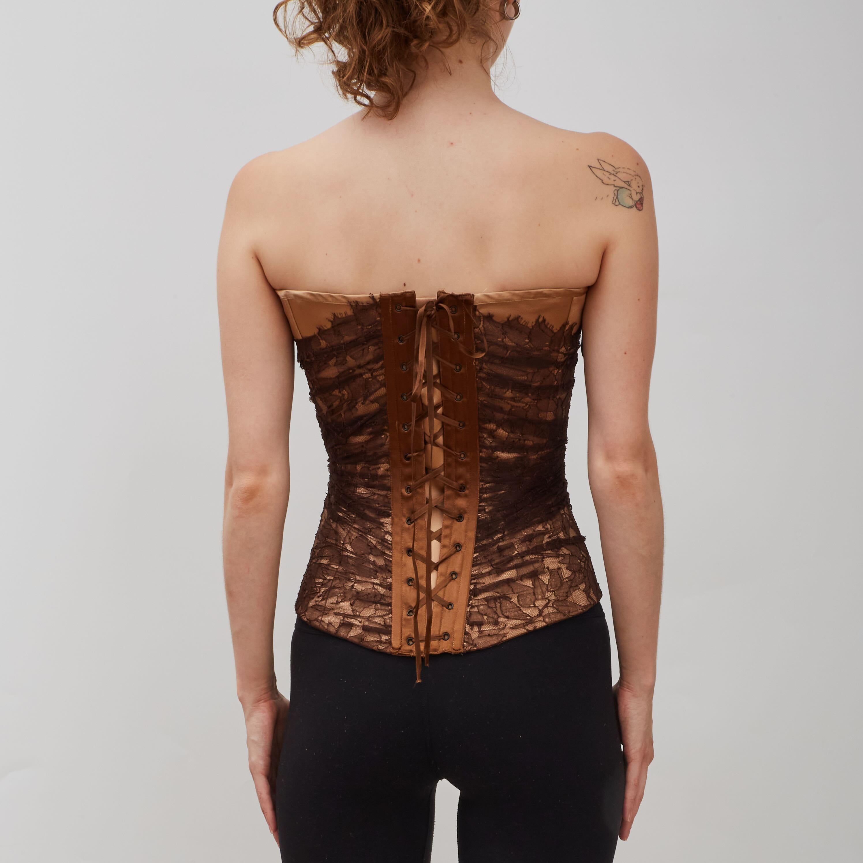 Guy Laroche - Haut corset nu en tulle et dentelle marron superposée (38FR)  Moyen) en vente 3