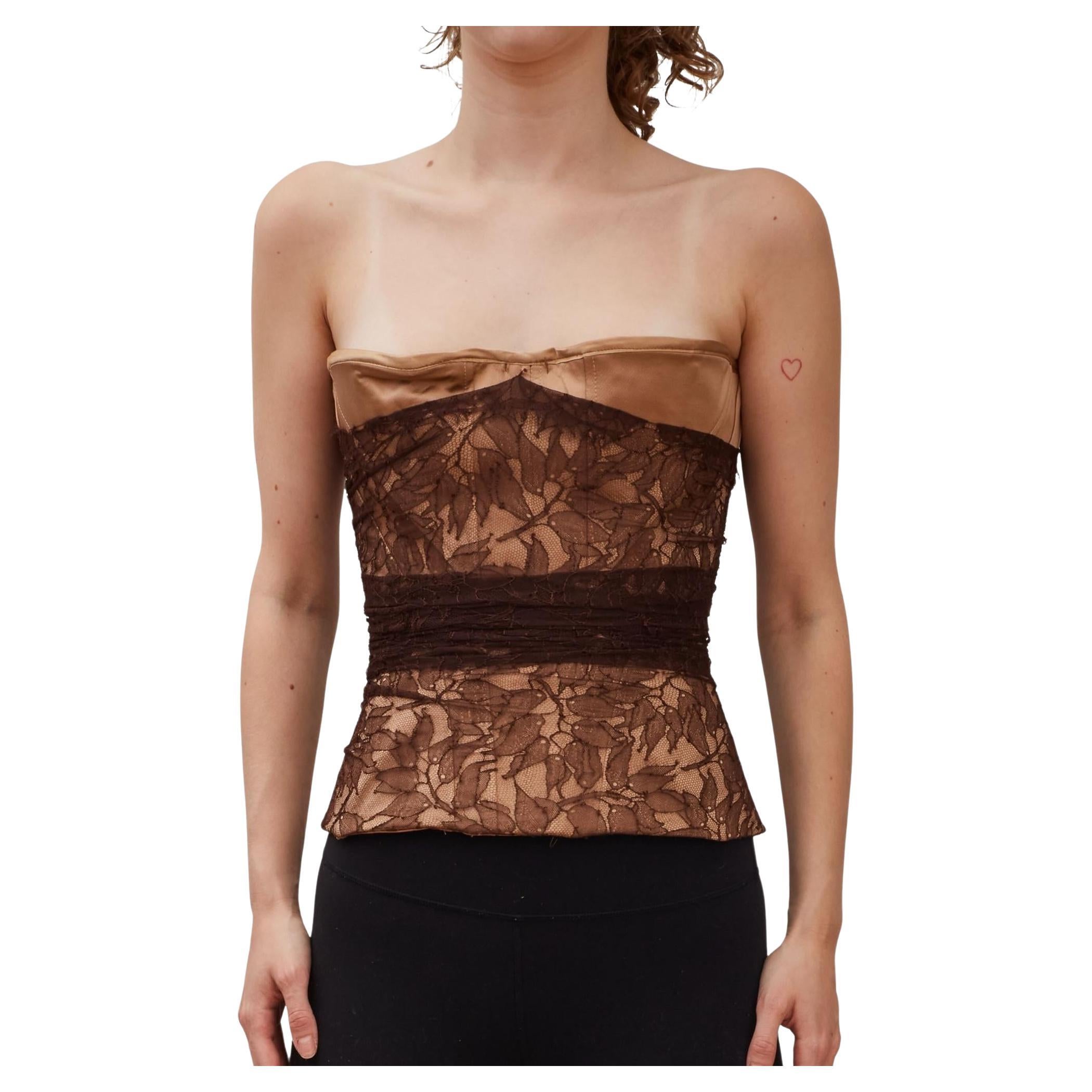 Guy Laroche Tulle Lace Brown Overlay Nude Corset Top (38FR  Medium) For Sale