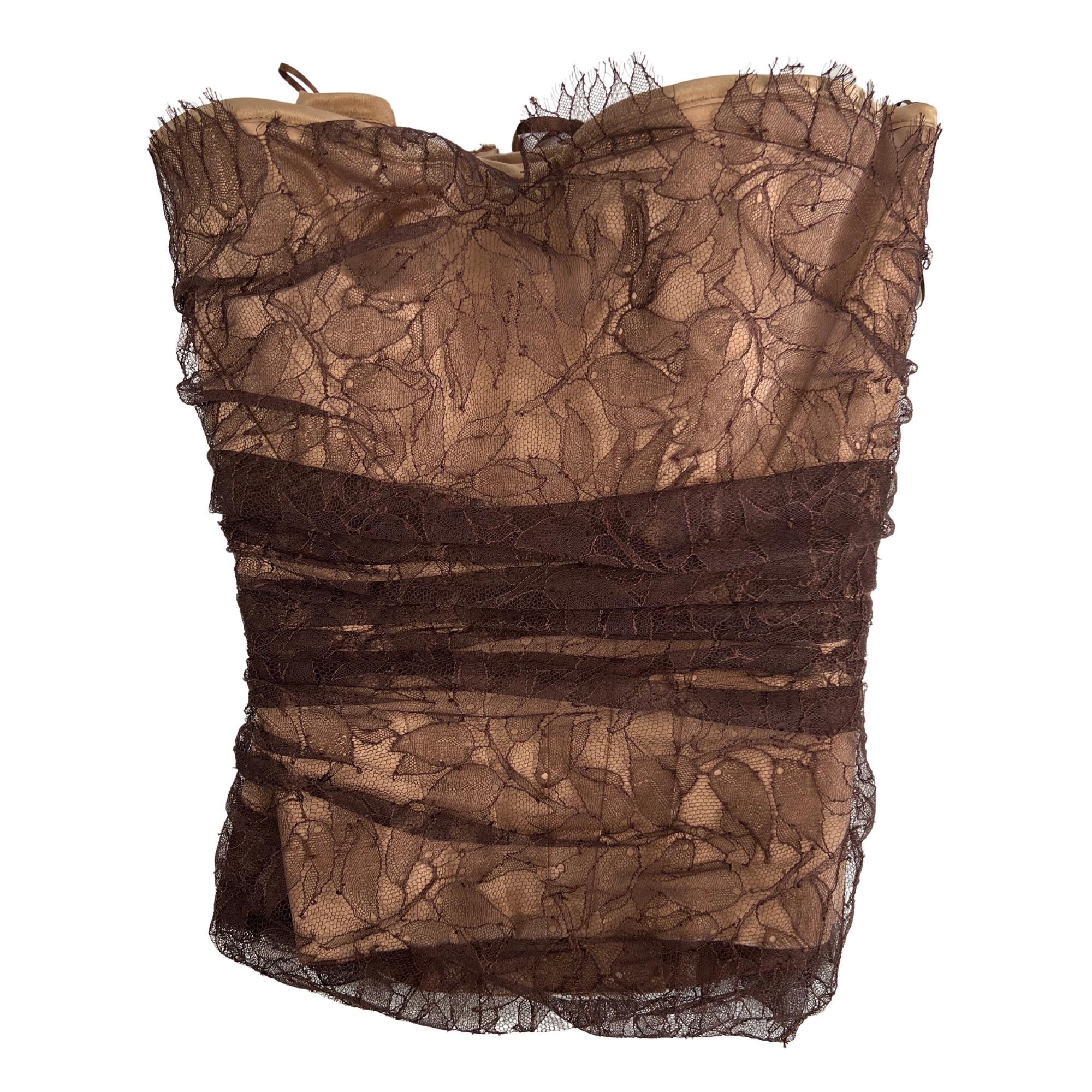Women's Guy Laroche Tulle Lace Brown Overlay Nude Corset Top (FR40  Medium)