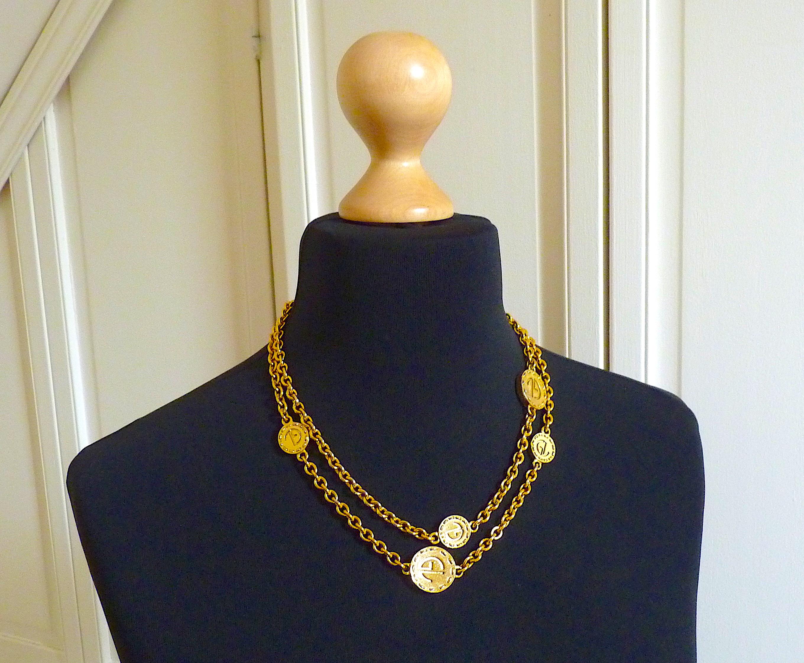 GUY LAROCHE Very Long Chain Necklace with Logo Medallions, Vintage 1990s For Sale 2