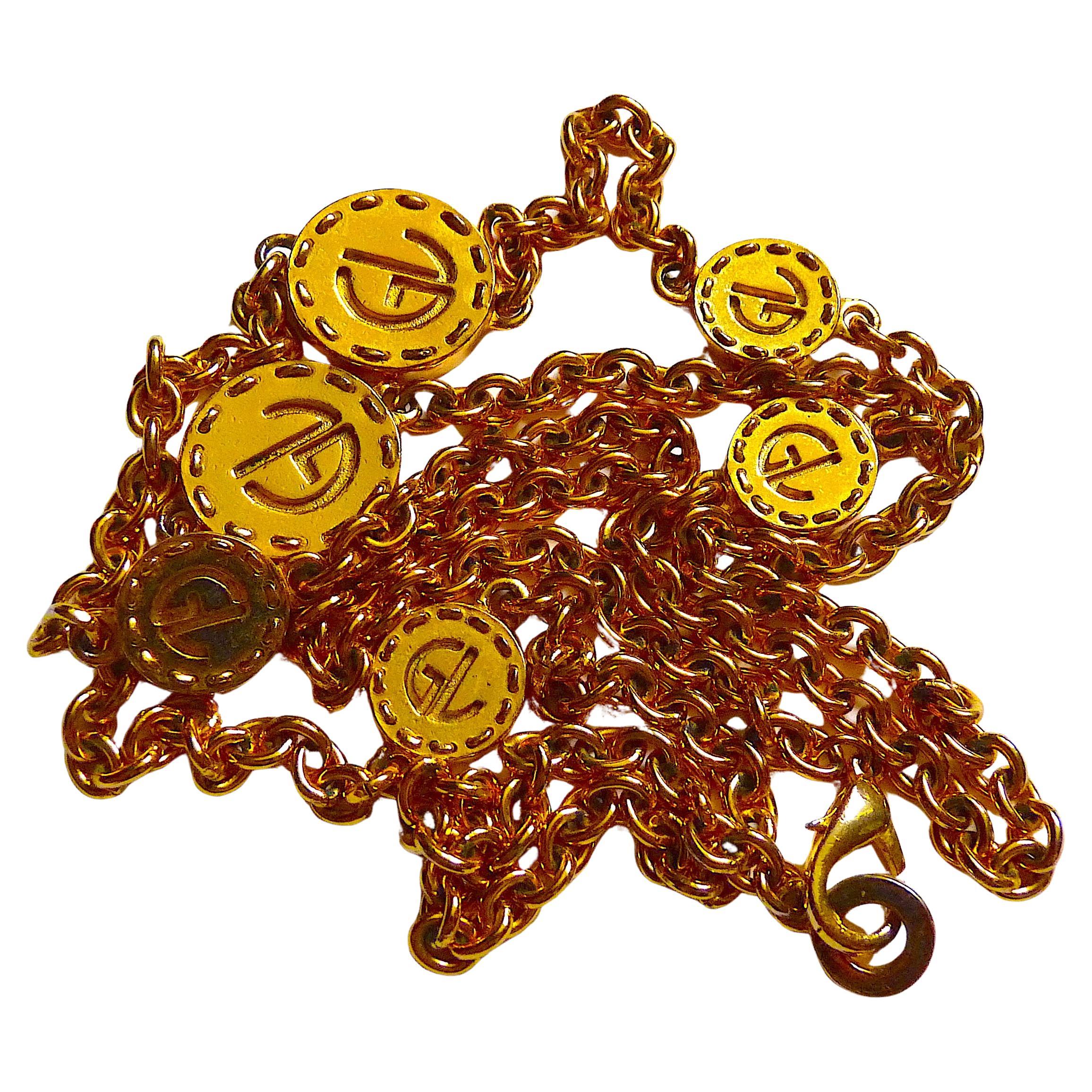 GUY LAROCHE Very Long Chain Necklace with Logo Medallions, Vintage 1990s For Sale