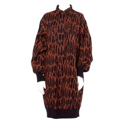 Guy Laroche Vintage 1980s 80s Brown + Black Wool Print Shirt Dress
