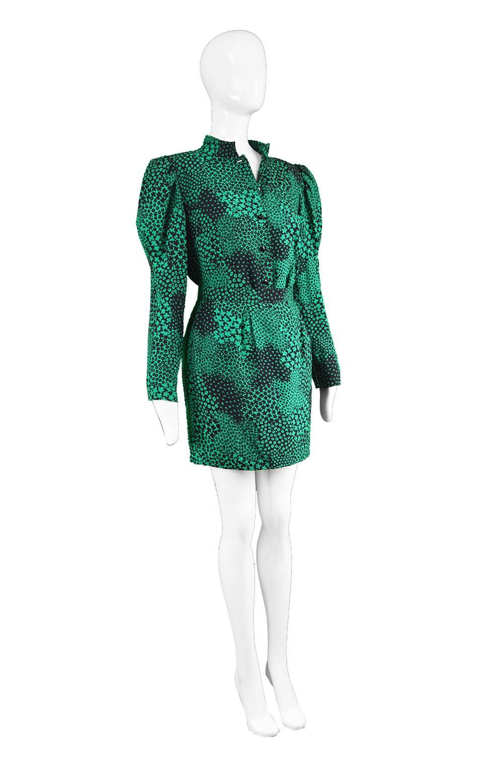 Blue Guy Laroche Vintage Green and Black Silk Blouse and Skirt Suit, 1980s