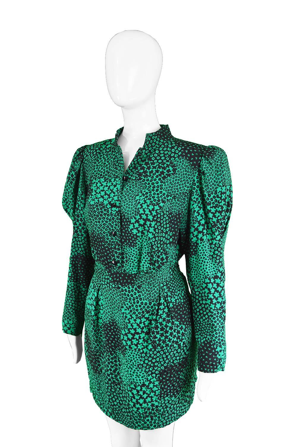 Guy Laroche Vintage Green and Black Silk Blouse and Skirt Suit, 1980s 1