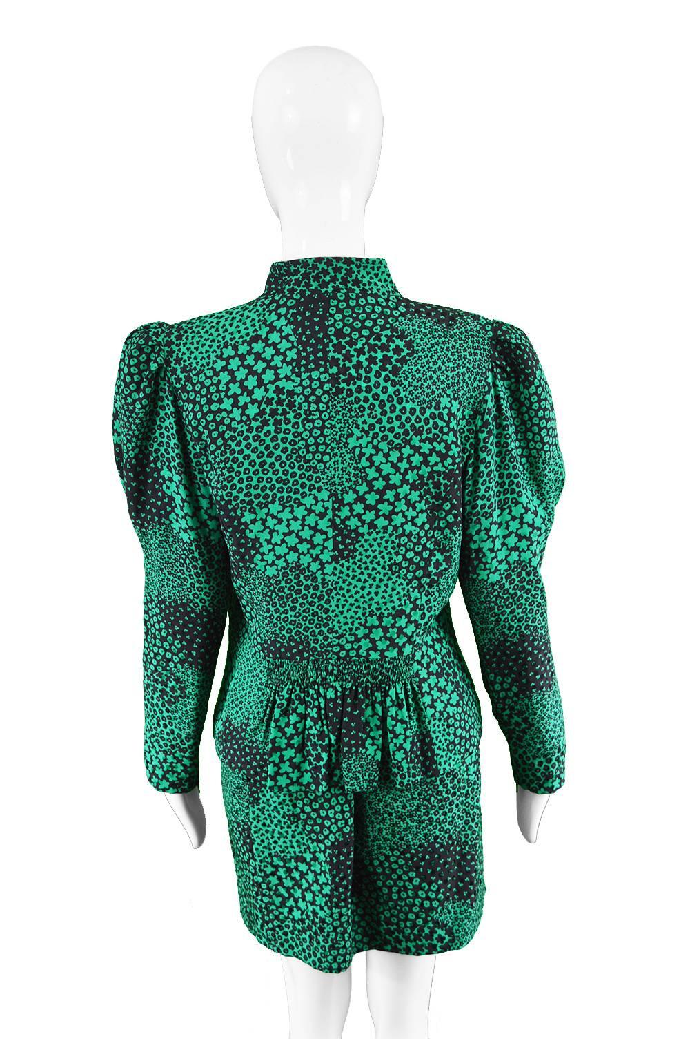 Guy Laroche Vintage Green and Black Silk Blouse and Skirt Suit, 1980s 3
