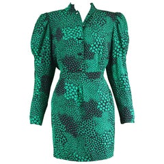 Guy Laroche Retro Green and Black Silk Blouse and Skirt Suit, 1980s