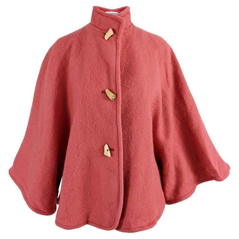 Guy Laroche Vintage 80s Kimono Sleeve Pink Wool & Mohair Cape Coat, 1980s