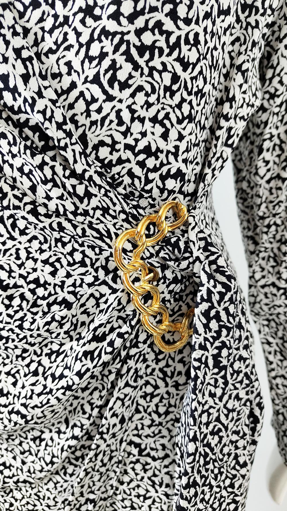 Women's Guy Laroche Vintage Black & White Gold Buckle Long Sleeve Evening Dress, 1980s