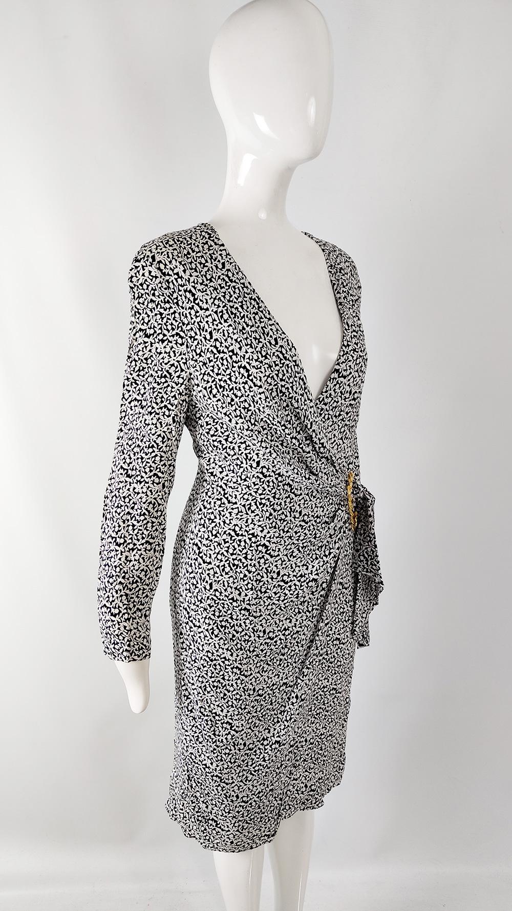 Guy Laroche Vintage Black & White Gold Buckle Long Sleeve Evening Dress, 1980s 2