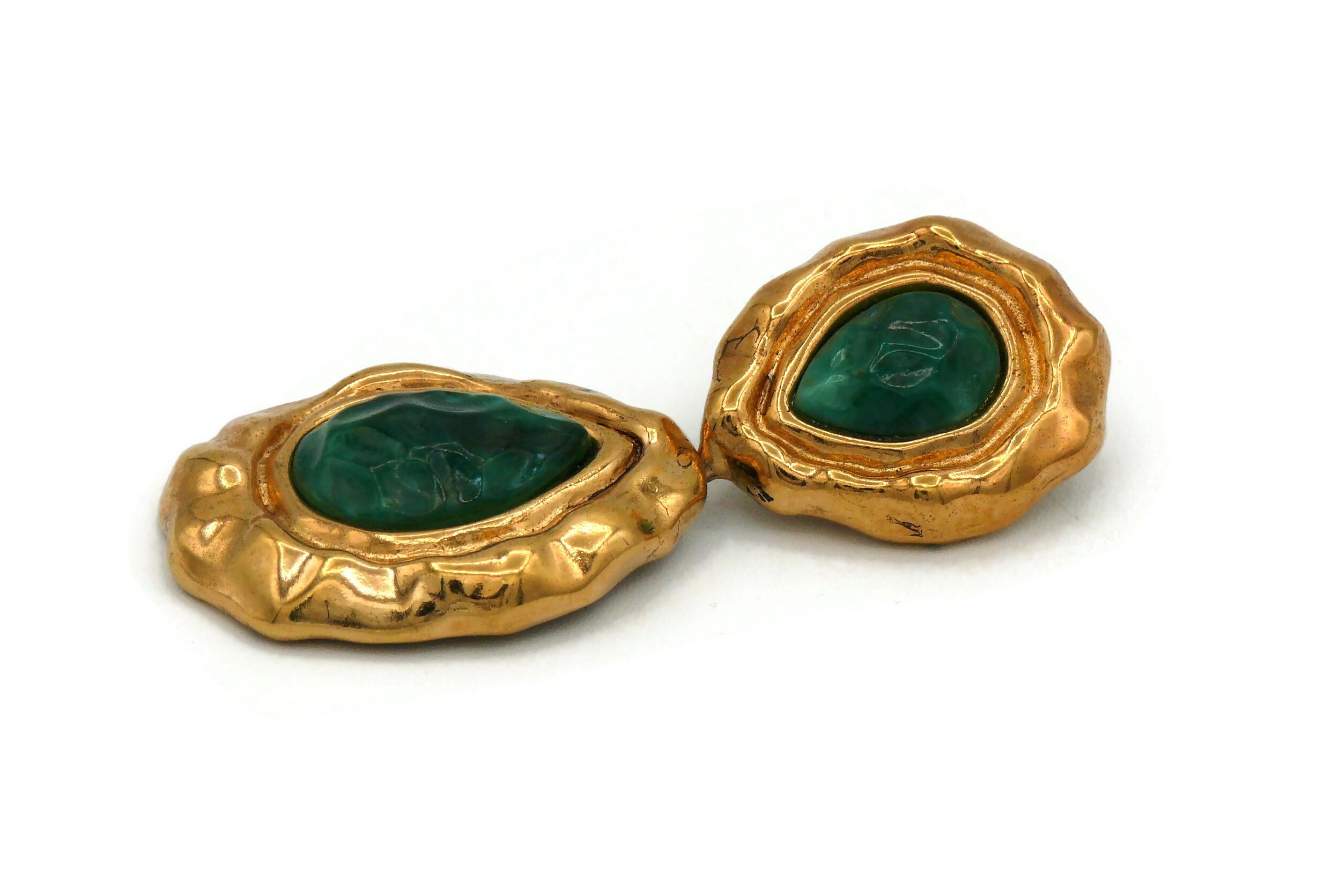 GUY LAROCHE Vintage Gold Tone Green Cabochons Dangling Earrings 3