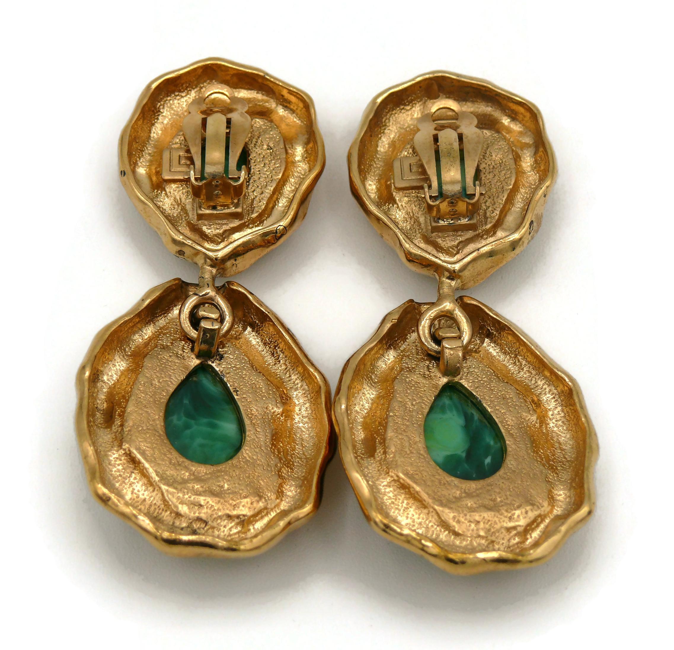 GUY LAROCHE Vintage Gold Tone Green Cabochons Dangling Earrings 4