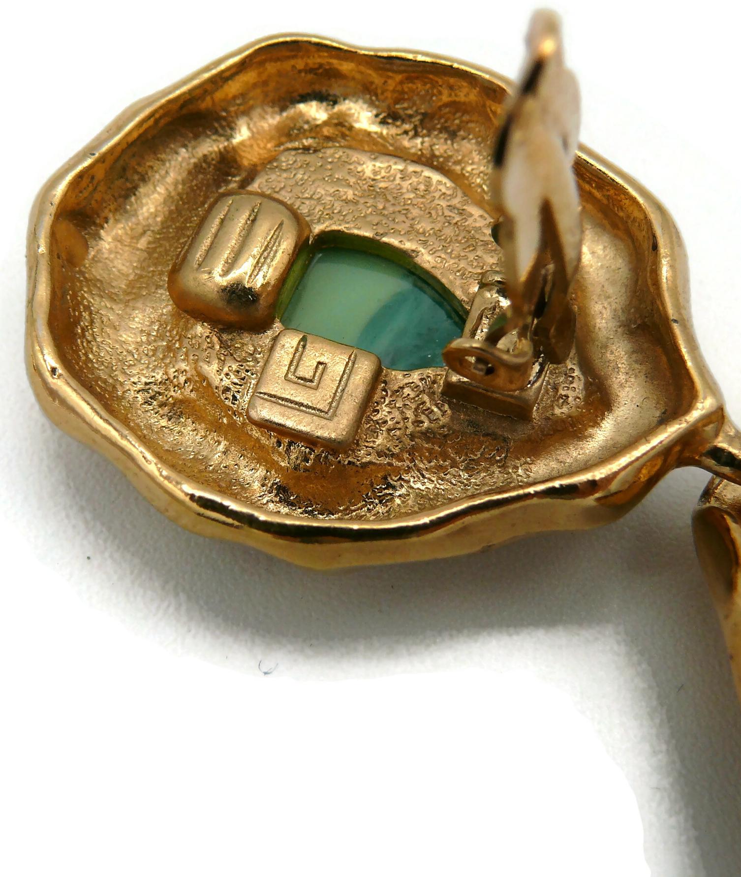GUY LAROCHE Vintage Gold Tone Green Cabochons Dangling Earrings 5