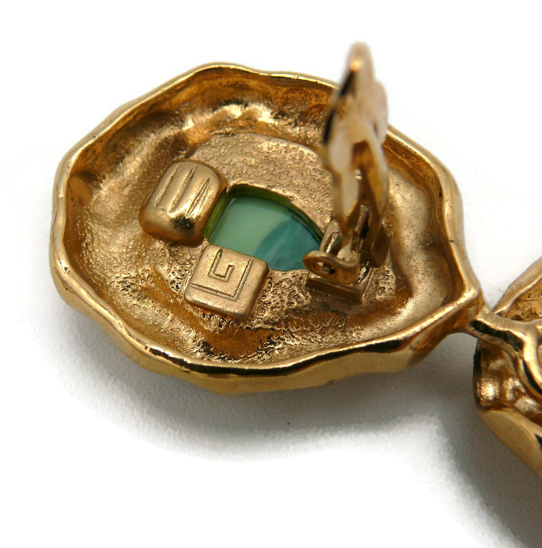 GUY LAROCHE Vintage Gold Tone Green Cabochons Dangling Earrings 6