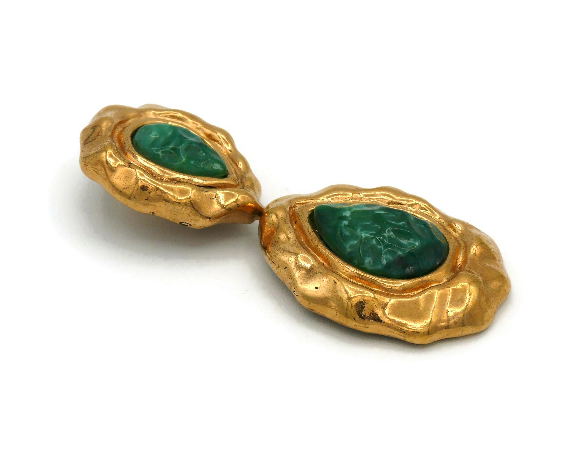 Women's GUY LAROCHE Vintage Gold Tone Green Cabochons Dangling Earrings