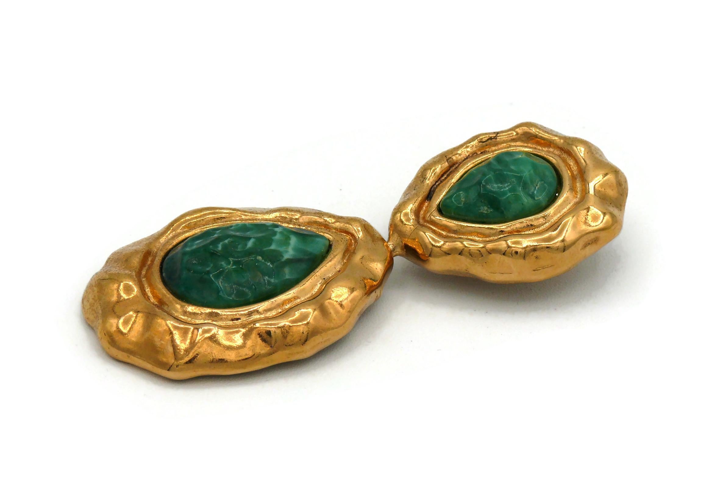 GUY LAROCHE Vintage Gold Tone Green Cabochons Dangling Earrings 1