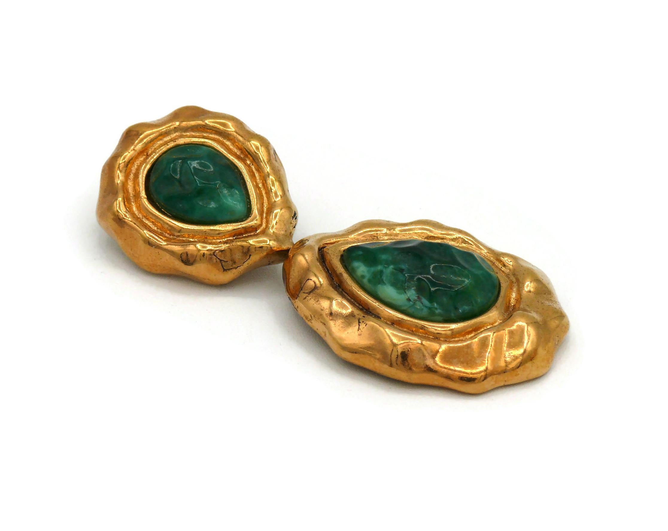 GUY LAROCHE Vintage Gold Tone Green Cabochons Dangling Earrings 2