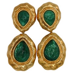 GUY LAROCHE Vintage Gold Tone Green Cabochons Dangling Earrings