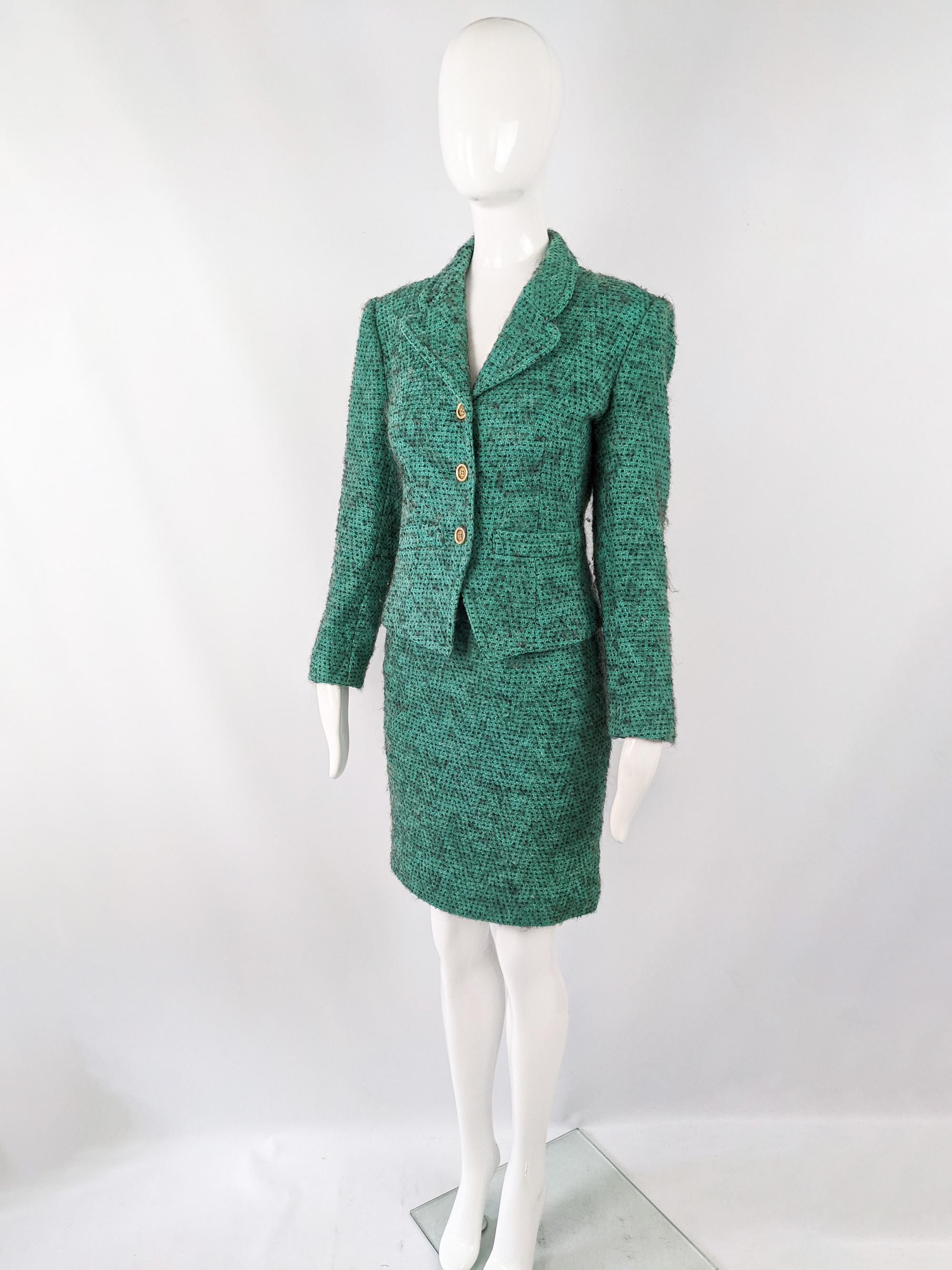 Guy Laroche Vintage Green Wool Bouclé Womens Skirt Suit, 1980s 1