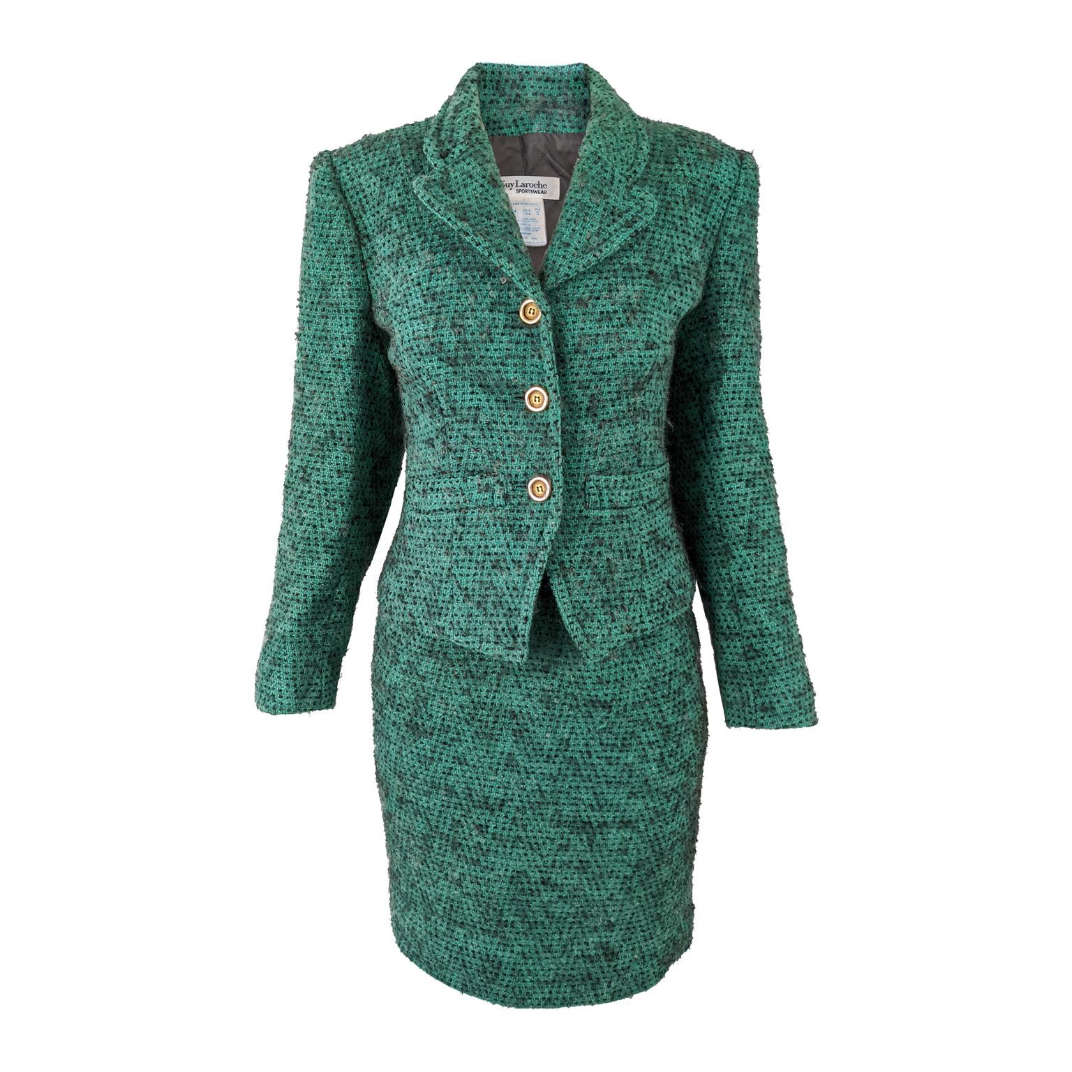 Guy Laroche Vintage Green Wool Bouclé Womens Skirt Suit, 1980s