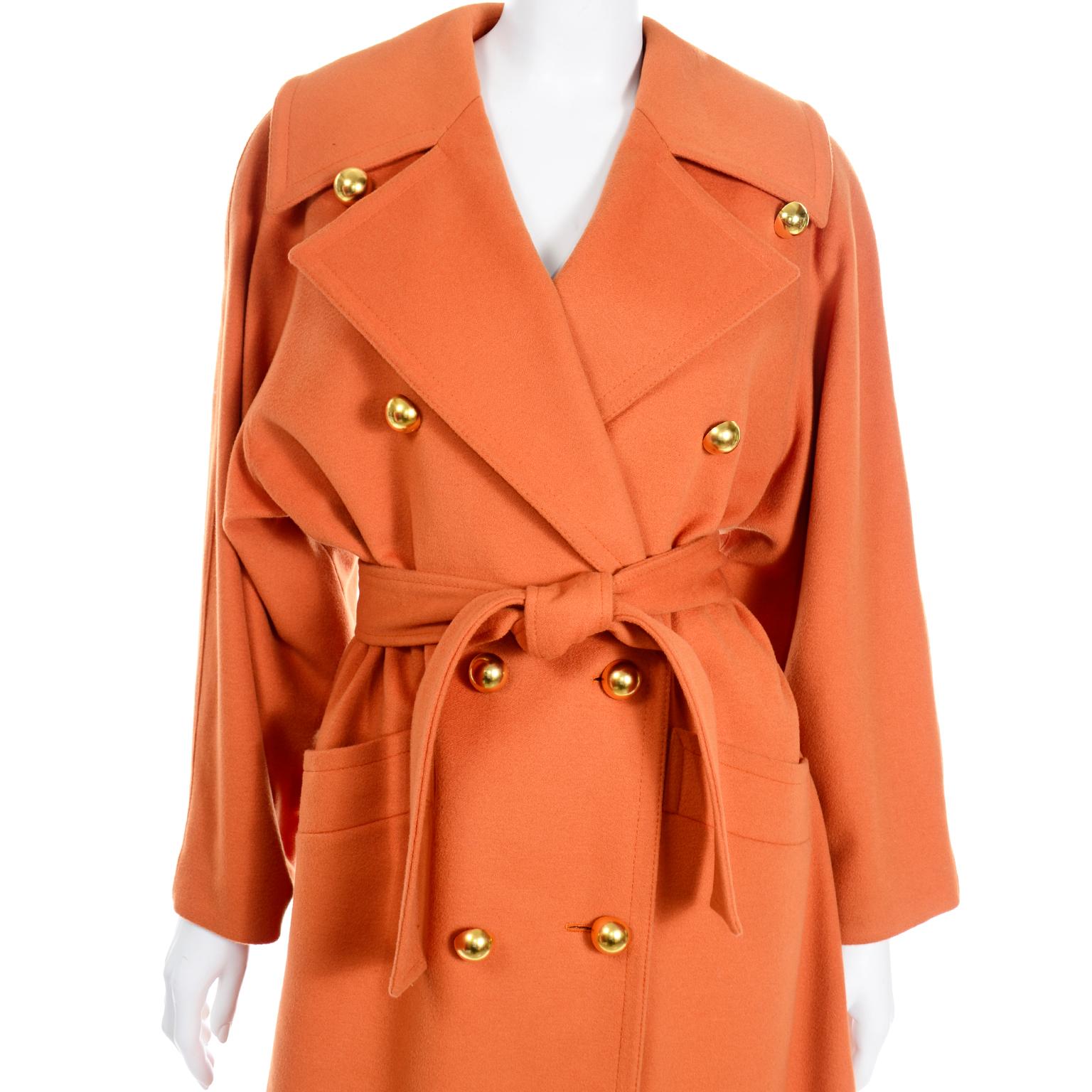 Guy Laroche Vintage Orange Cashmere Blend Double Breasted Trench Coat With Belt In Excellent Condition For Sale In Portland, OR