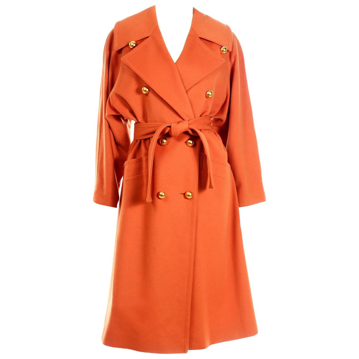 Guy Laroche Vintage Orange Cashmere Blend Double Breasted Trench Coat With Belt For Sale