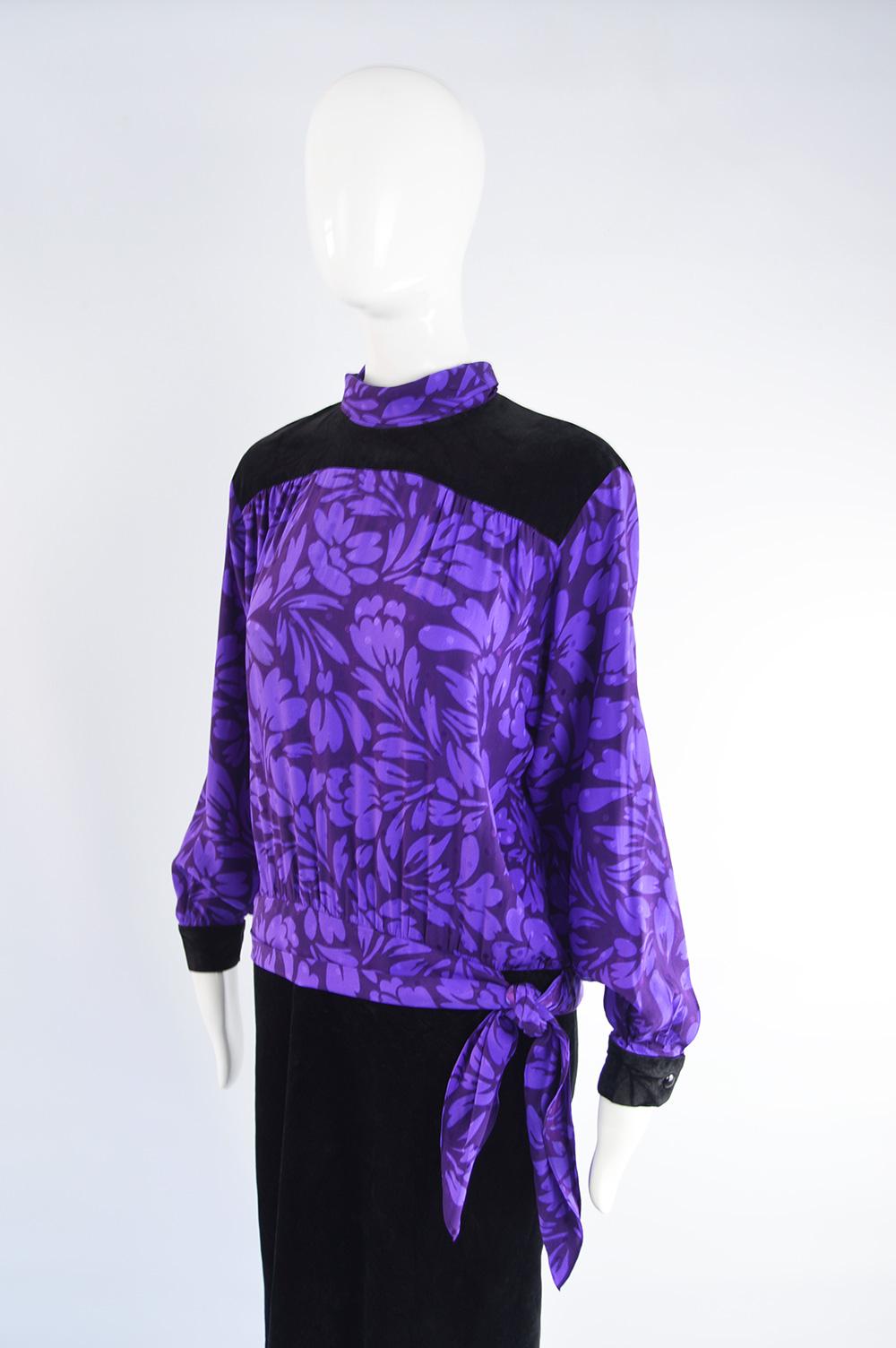 Guy Laroche Vintage Purple Satin Jacquard & Black Velvet Drop Waist Dress, 1980s In Good Condition For Sale In Doncaster, South Yorkshire