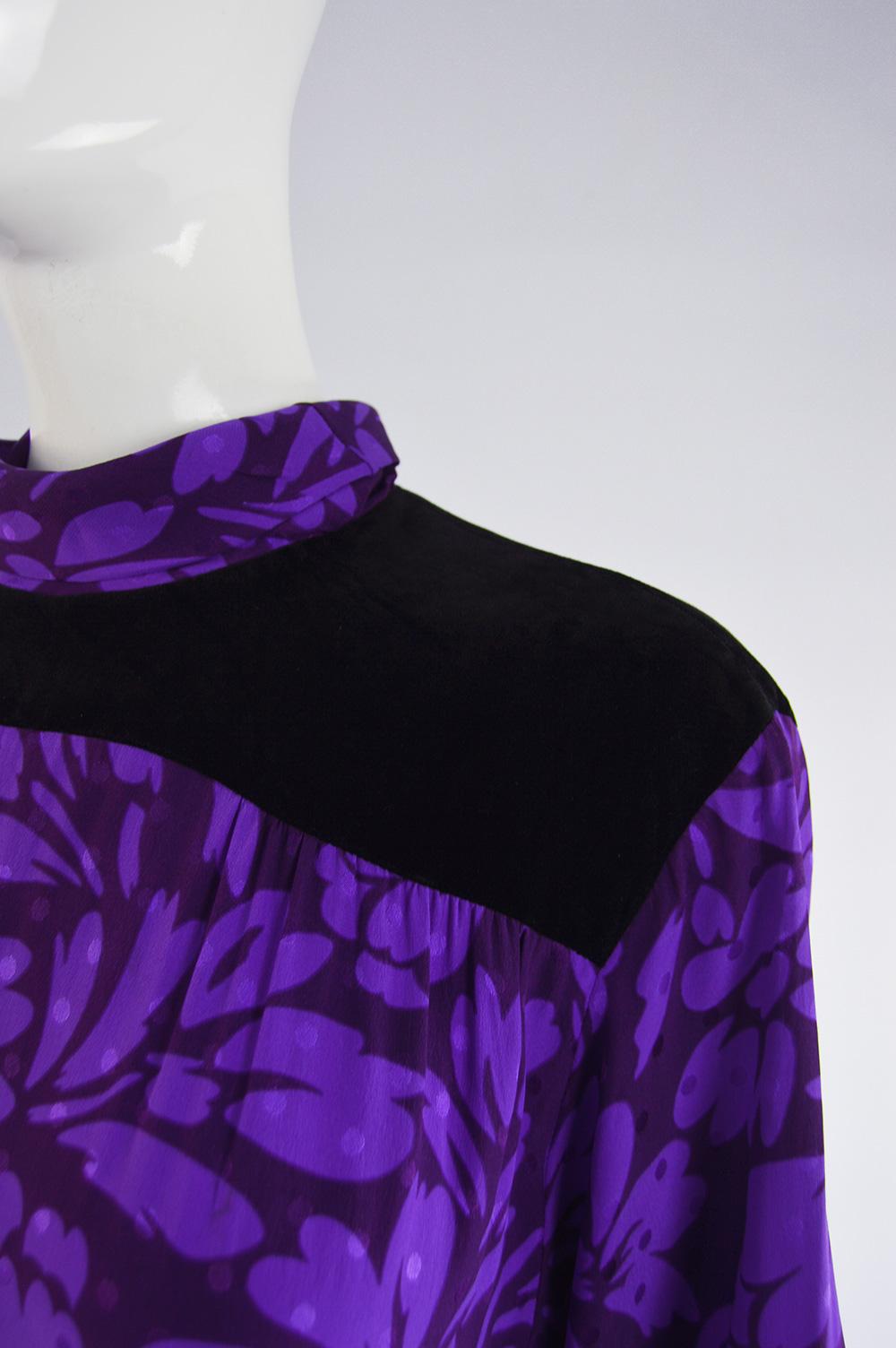 Women's Guy Laroche Vintage Purple Satin Jacquard & Black Velvet Drop Waist Dress, 1980s For Sale
