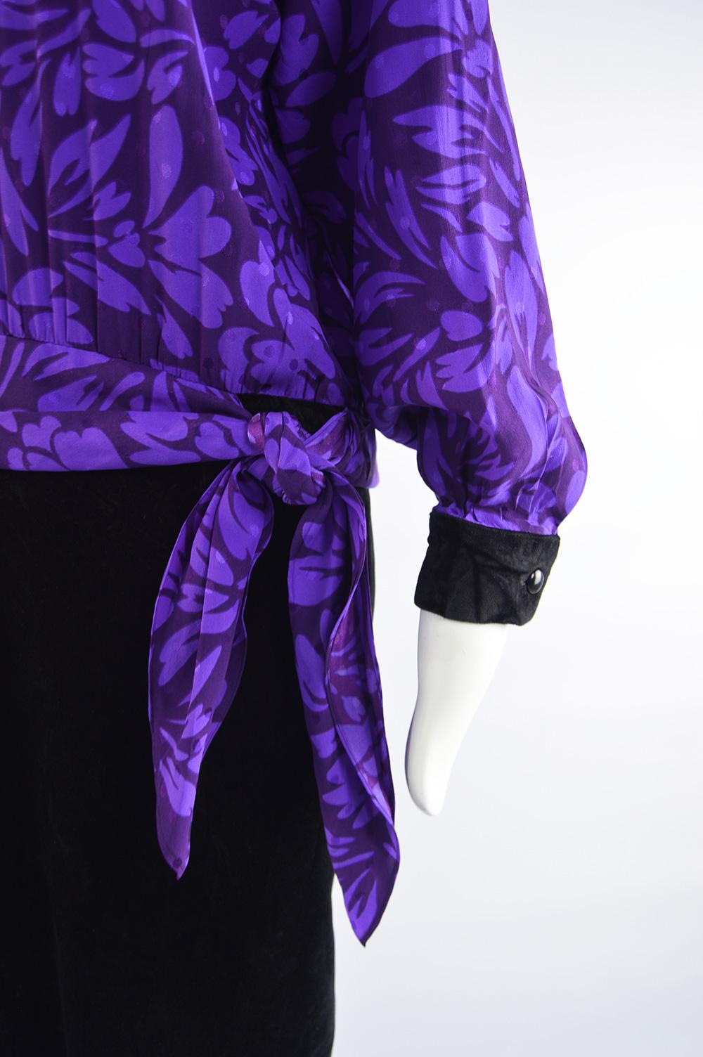Guy Laroche Vintage Purple Satin Jacquard & Black Velvet Drop Waist Dress, 1980s For Sale 1