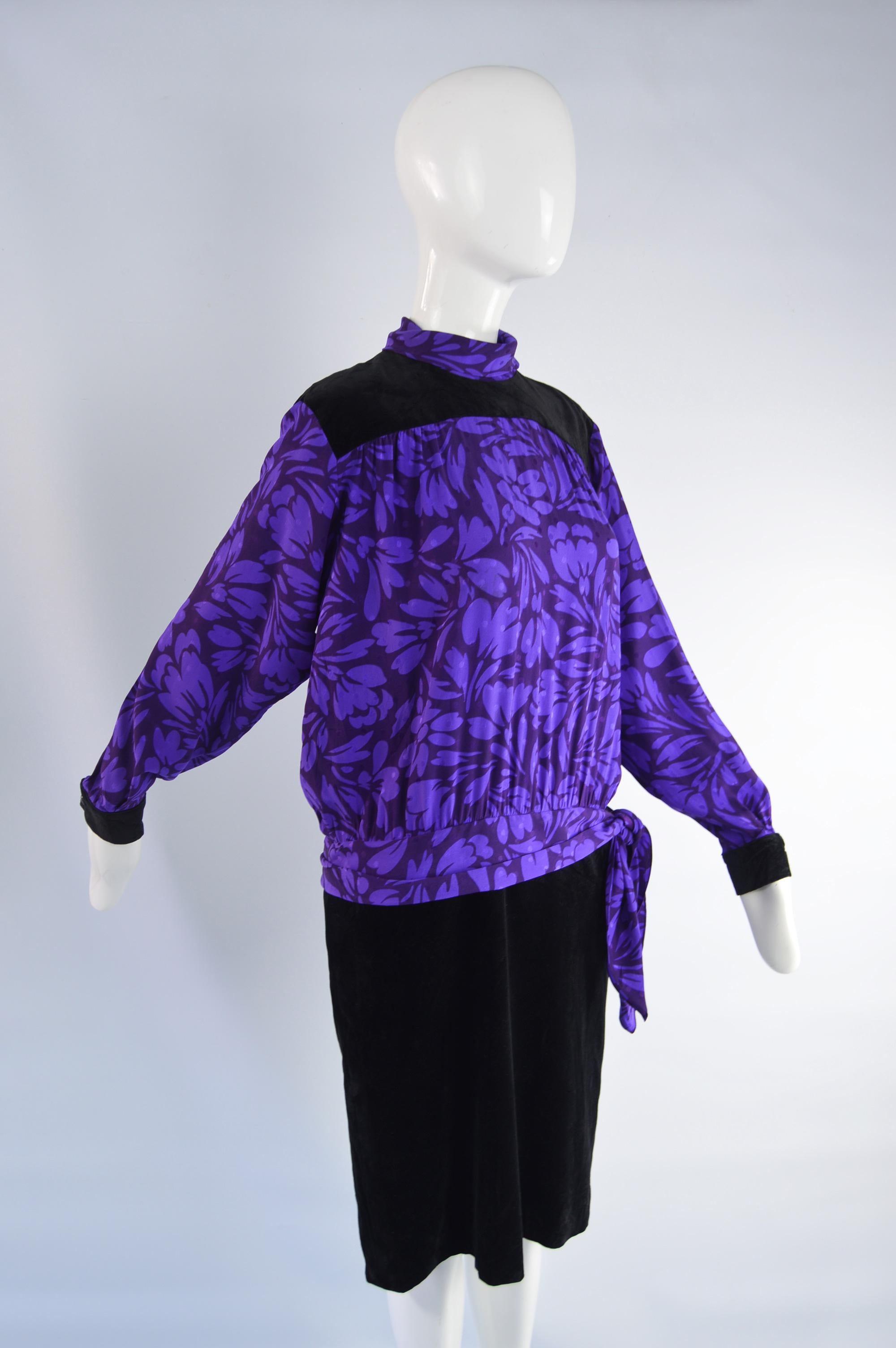 Guy Laroche Vintage Purple Satin Jacquard & Black Velvet Drop Waist Dress, 1980s For Sale 2