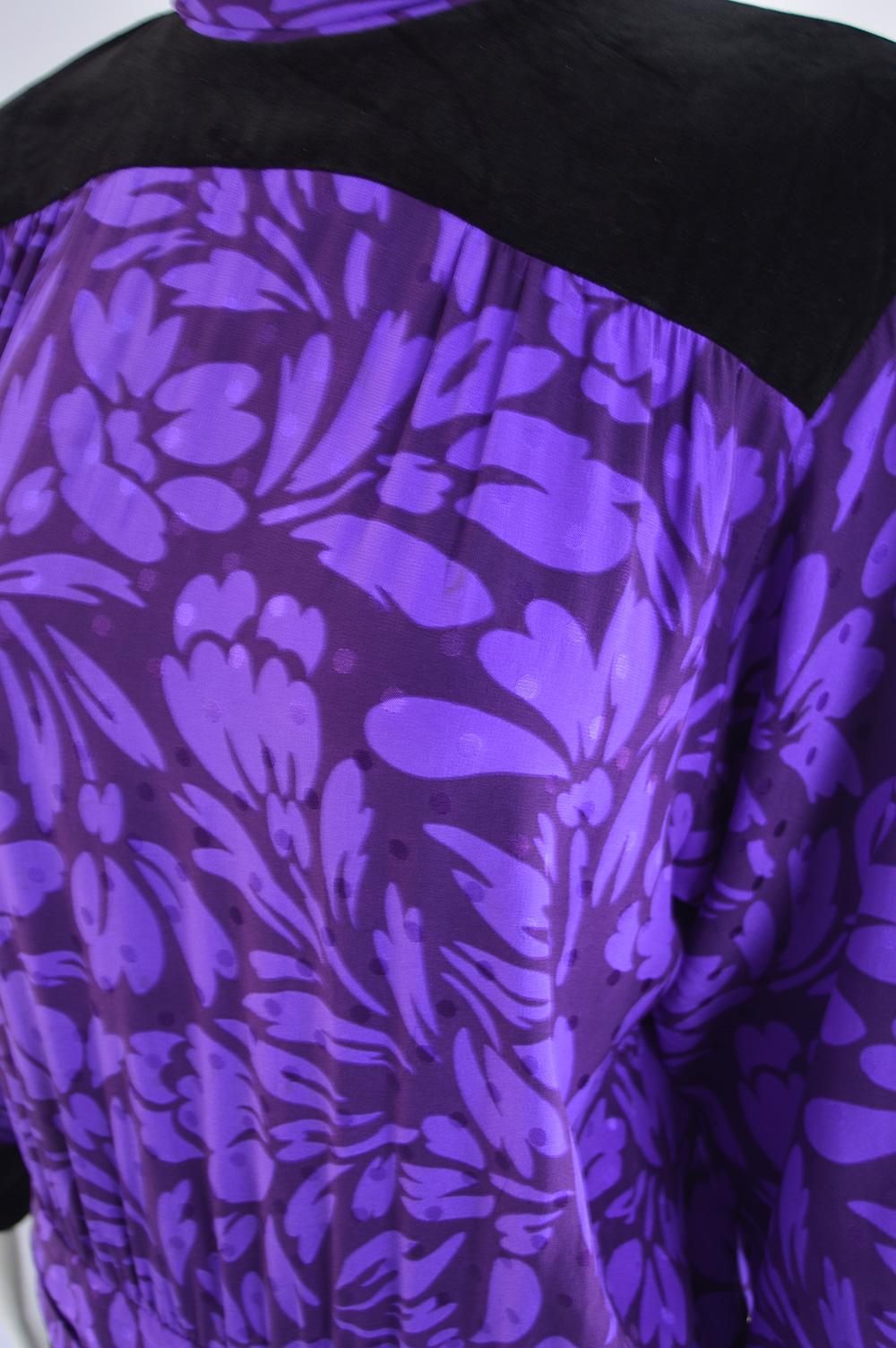 Guy Laroche Vintage Purple Satin Jacquard & Black Velvet Drop Waist Dress, 1980s For Sale 3