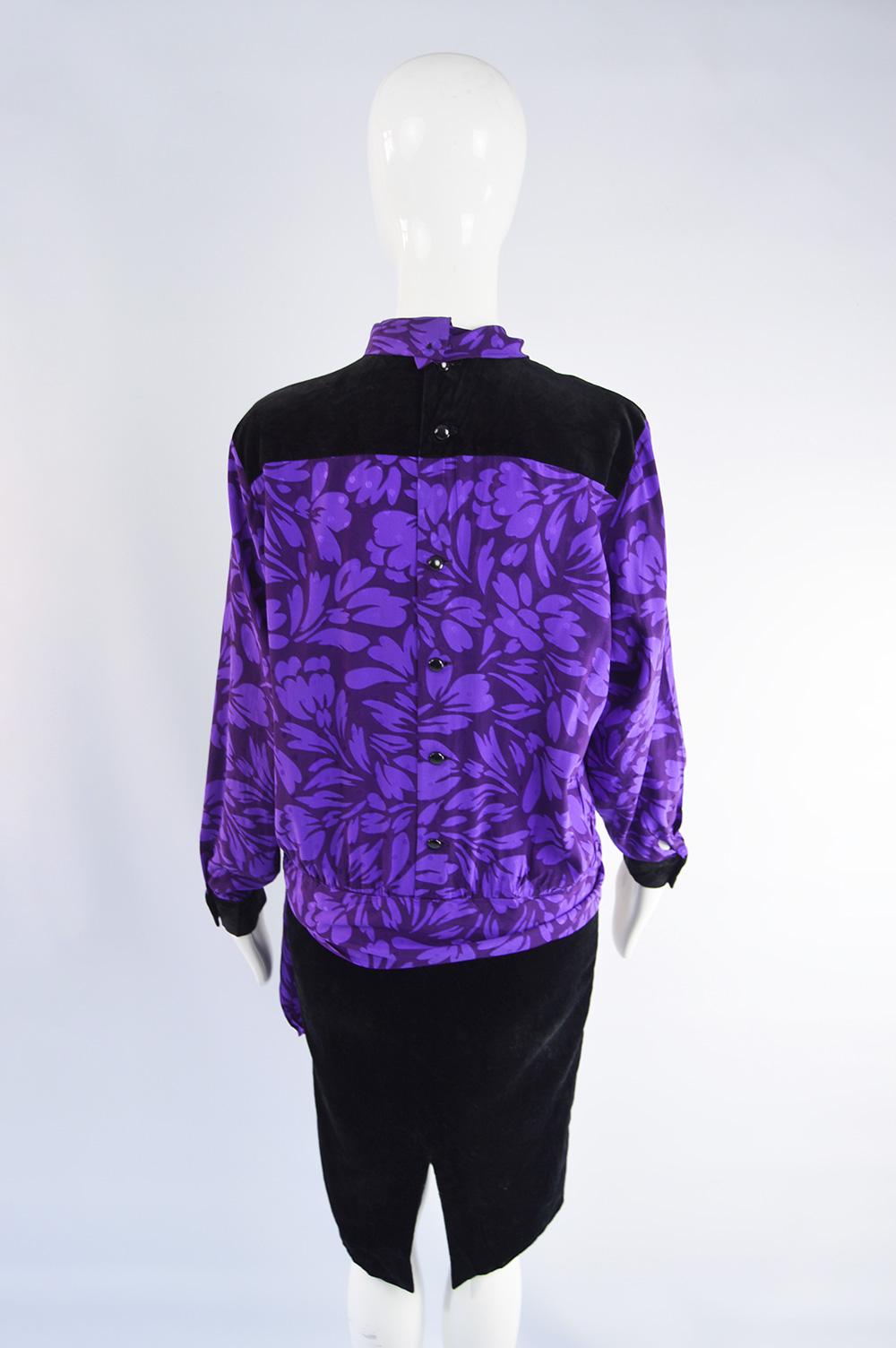 Guy Laroche Vintage Purple Satin Jacquard & Black Velvet Drop Waist Dress, 1980s For Sale 4