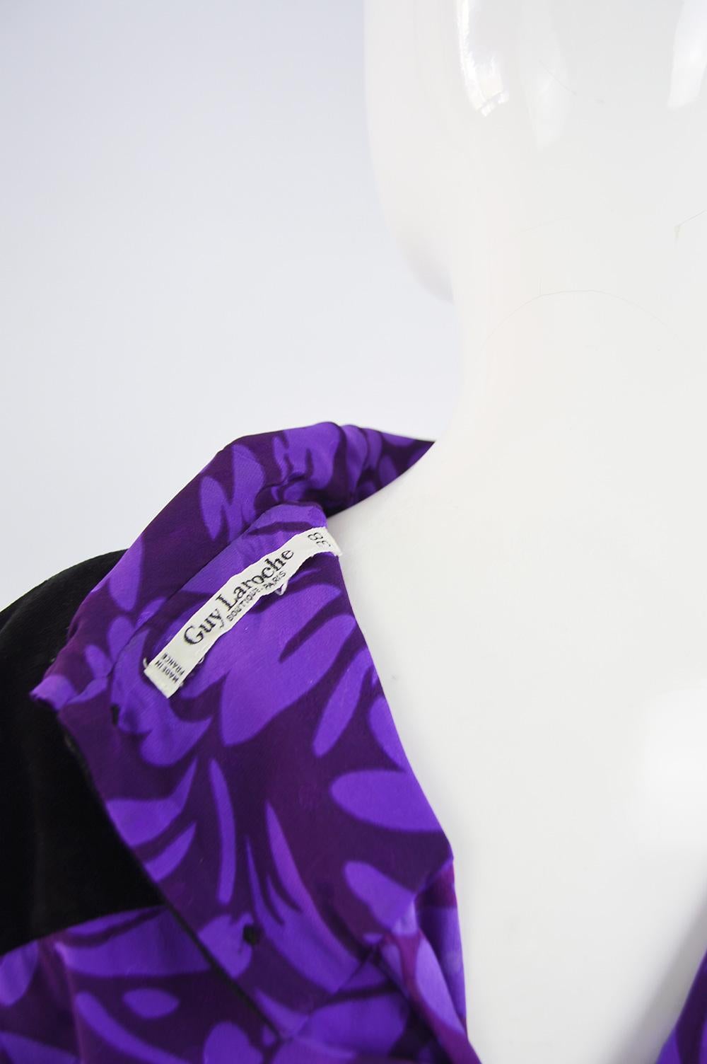 Guy Laroche Vintage Purple Satin Jacquard & Black Velvet Drop Waist Dress, 1980s For Sale 5