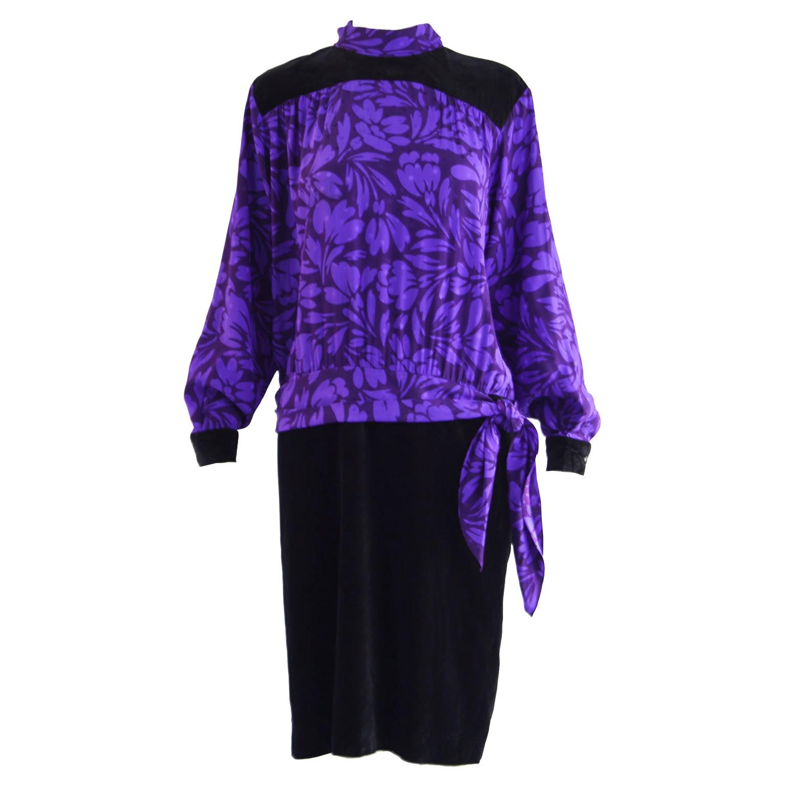 Guy Laroche Vintage Purple Satin Jacquard & Black Velvet Drop Waist Dress, 1980s For Sale