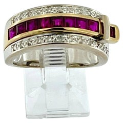 Guy Laroche Yellow and White Gold Belt Ring with Diamonds and Rubies