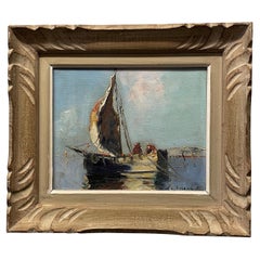 Guy Le Florentin, Figures on a Boat Moored in the Bay, Midcentury Oil on Canvas
