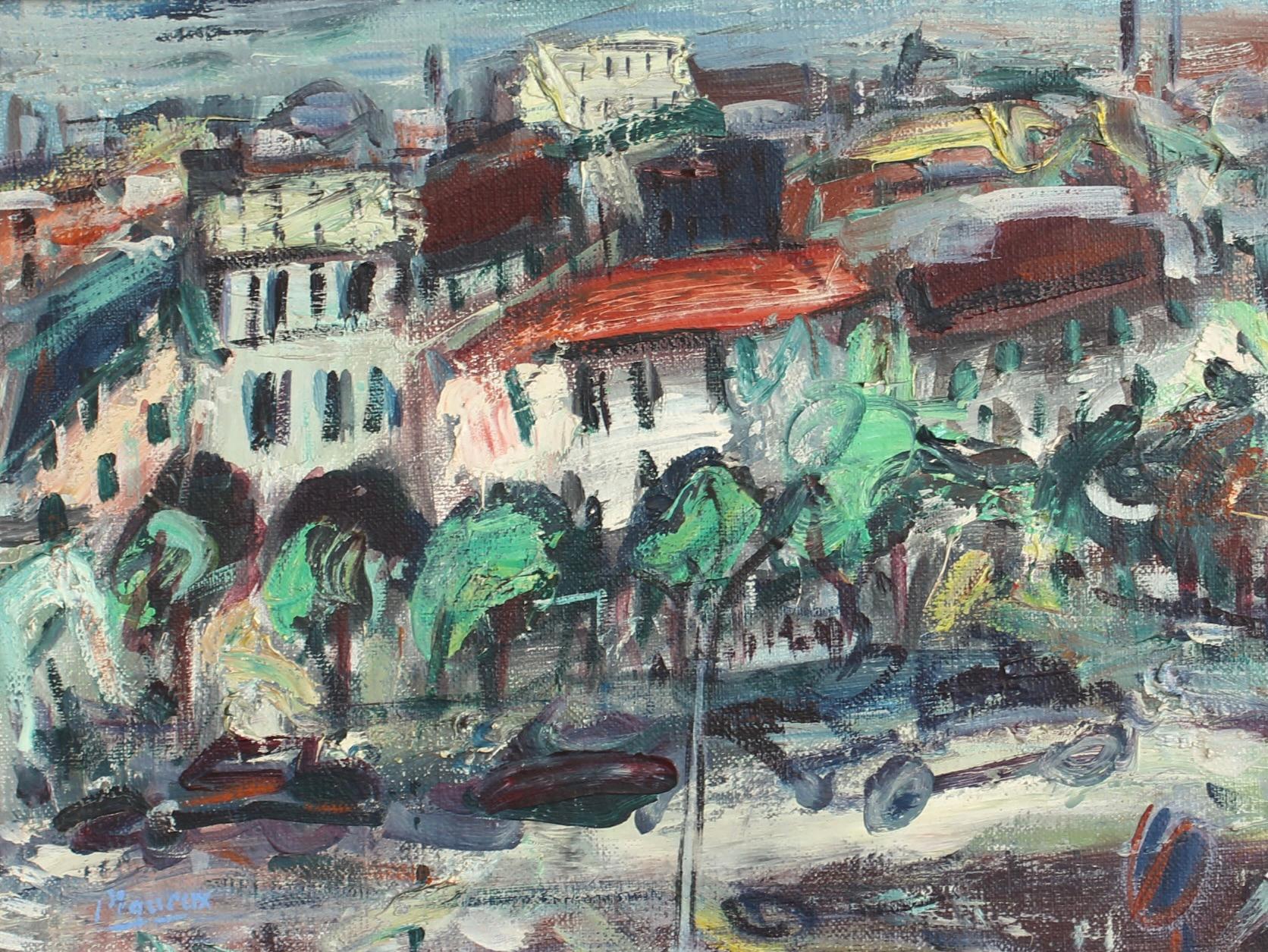 Vue sur la Ville au Toit Rouge / Blick über die Stadt der roten Dächer / View Over the City of Red Roofs (Expressionismus), Painting, von Guy Le Péqueux