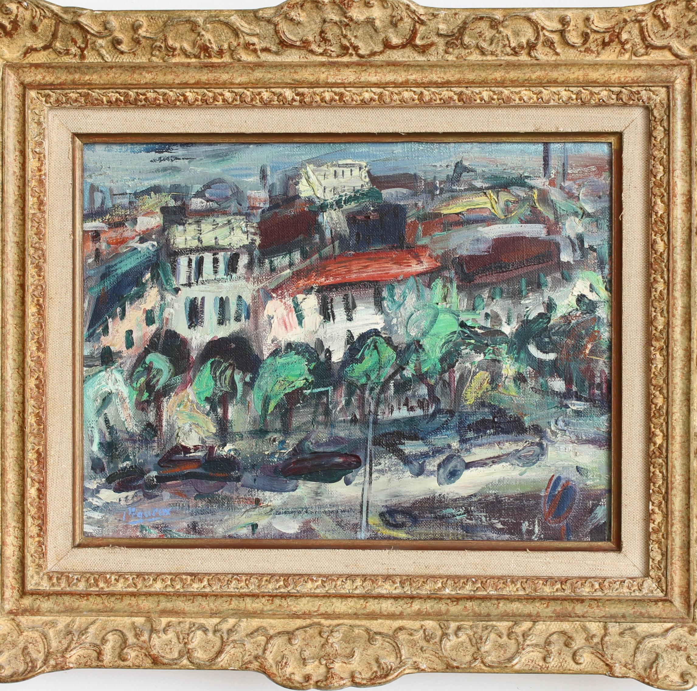 Vue sur la Ville au Toit Rouge (Blick über die Stadt der roten Dächer), Öl auf Leinwand, von Guy Le Péqueux (ca. Ende der 1960er Jahre). Der Künstler kanalisiert seine expressionistische Sensibilität in eine lebendige, fast musikalische