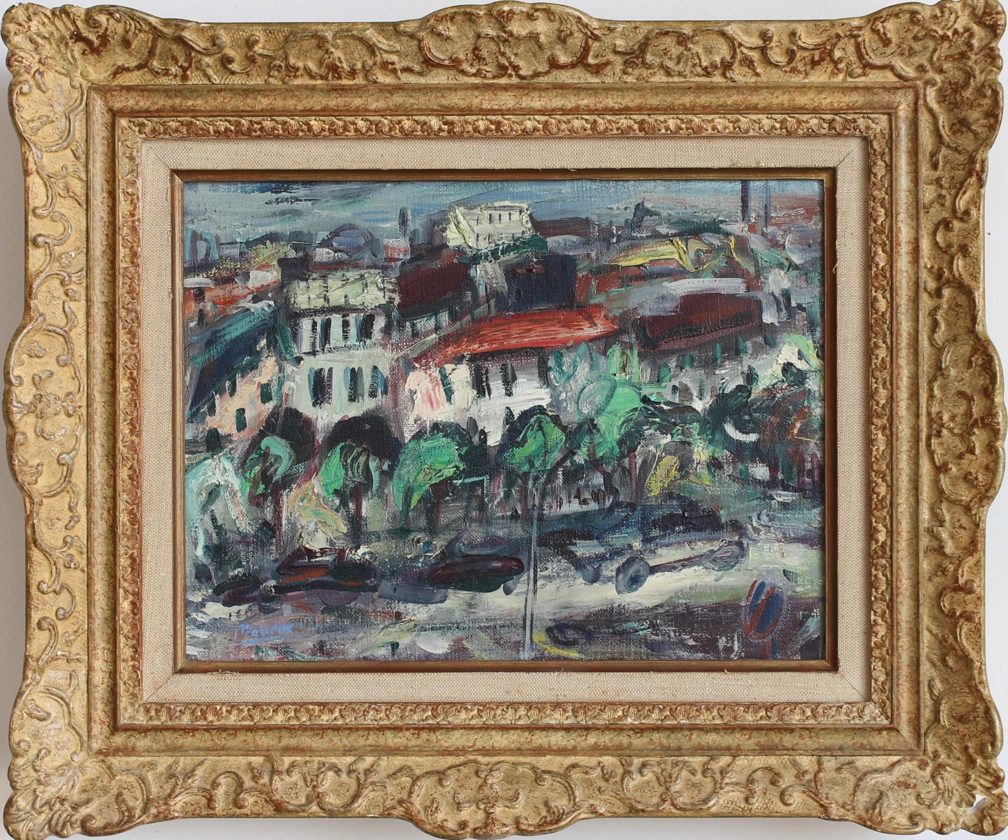 Vue sur la Ville au Toit Rouge / Blick über die Stadt der roten Dächer / View Over the City of Red Roofs – Painting von Guy Le Péqueux