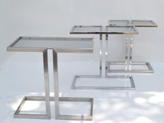 Guy Lefèvre 3 French Mid-Century Modern Silver Finish & Smoked Glass Top Table