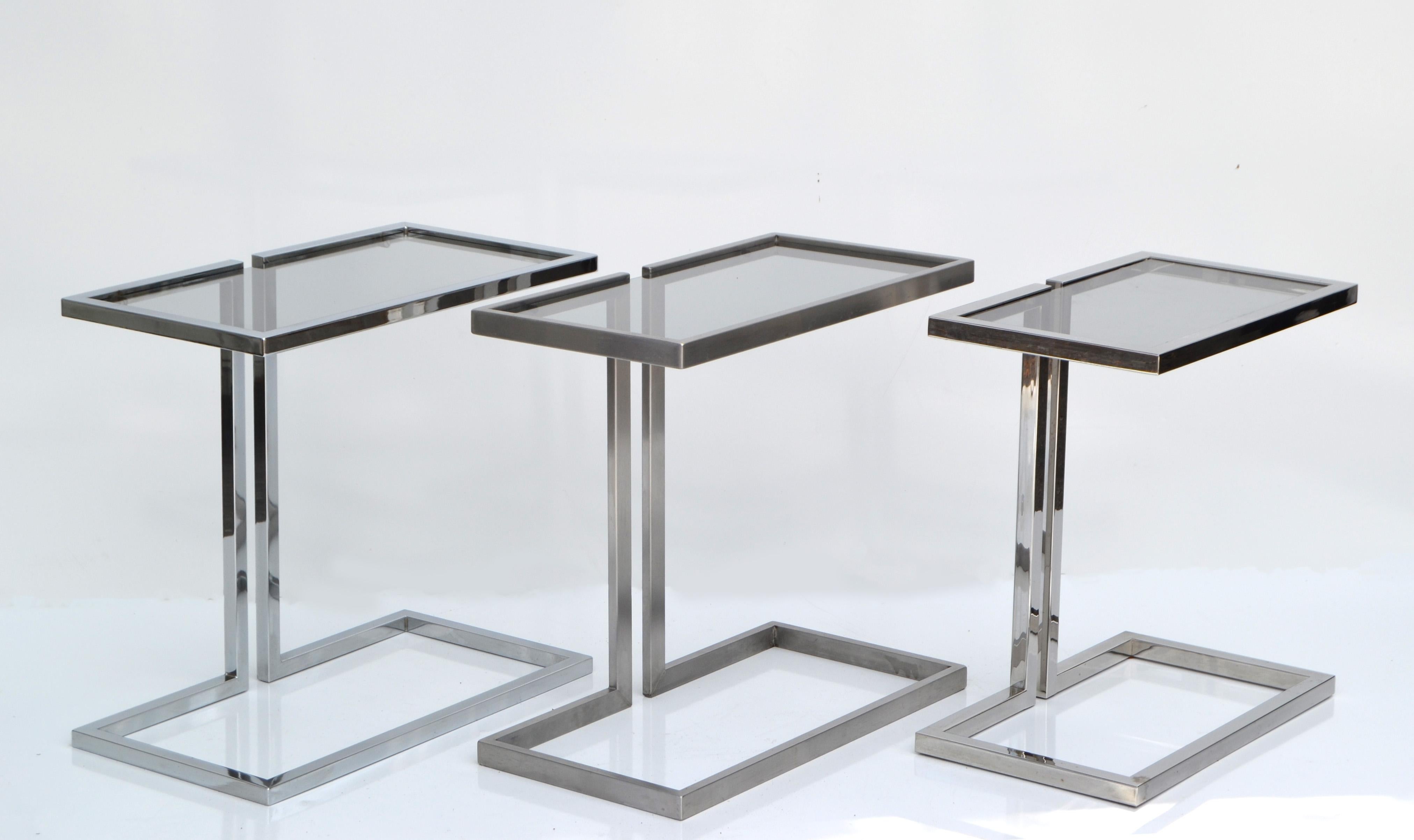 Plated Guy Lefèvre 3 French Mid-Century Modern Silver Finish & Smoked Glass Top Table For Sale